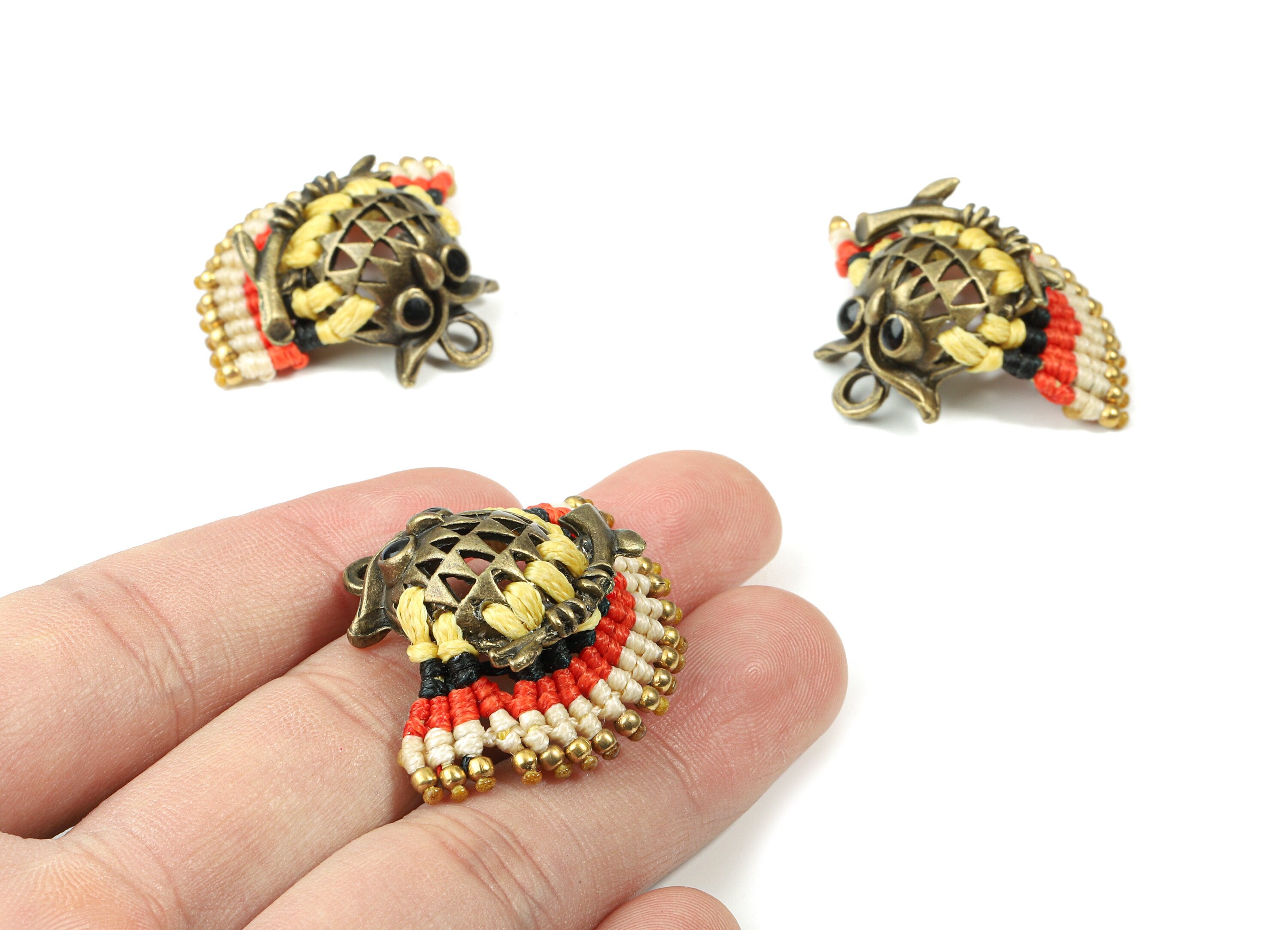 Owl Tassels Macrame Earrings - Brass Bohemian Owl Earring Charms  - Gypsy Owl Pendant - Tassel Findings  - 36.13x29.46x5.8mm - TS1144B - DOMEDBAZAAR