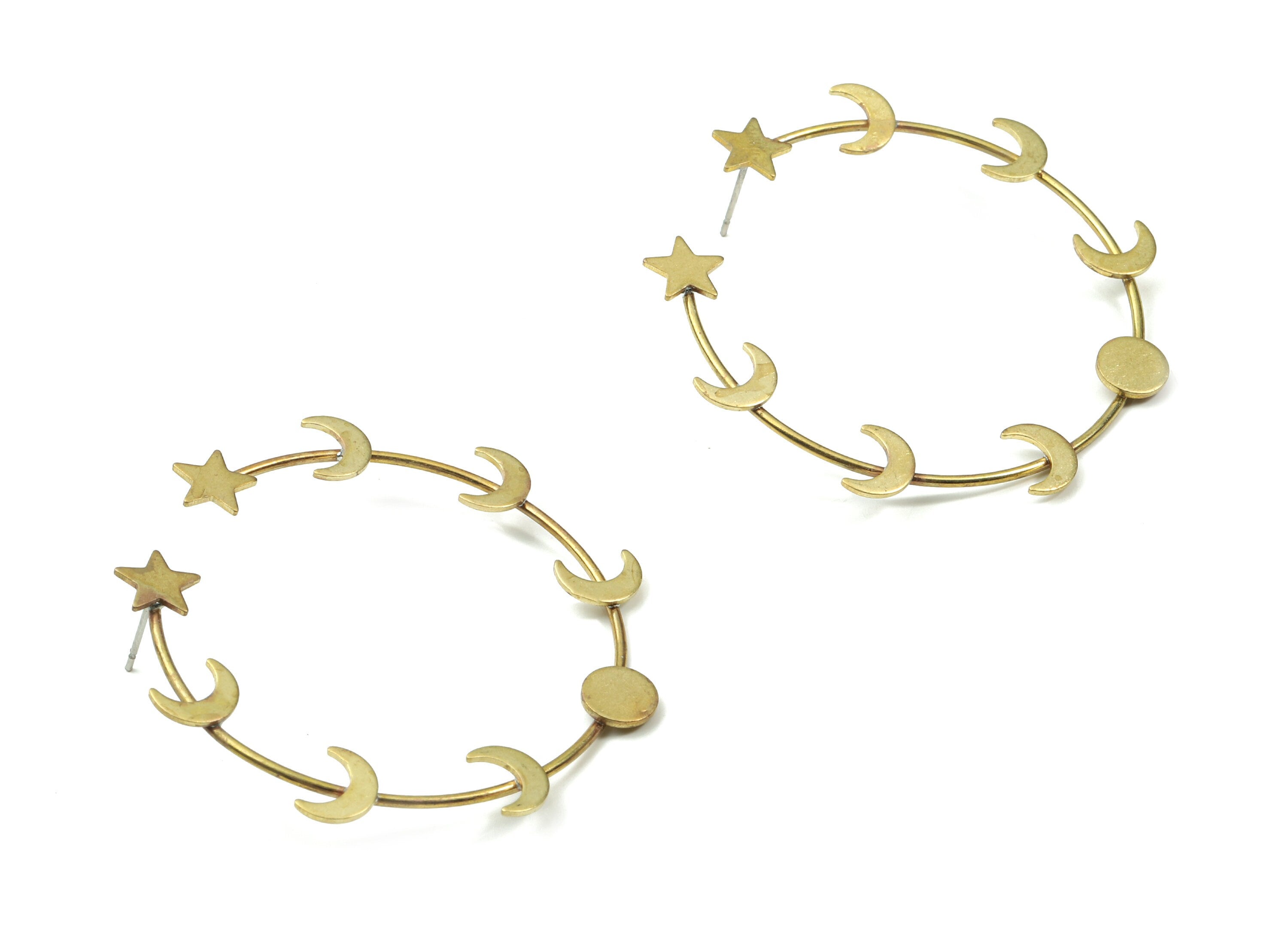 Brass Stars Hoop Stud Earring - Raw Brass Open Hoop Crescent Earring Post - Surgical Stud - Jewelry Supplies - 50.65x8.23x2.18mm - PP3315 - DOMEDBAZAAR