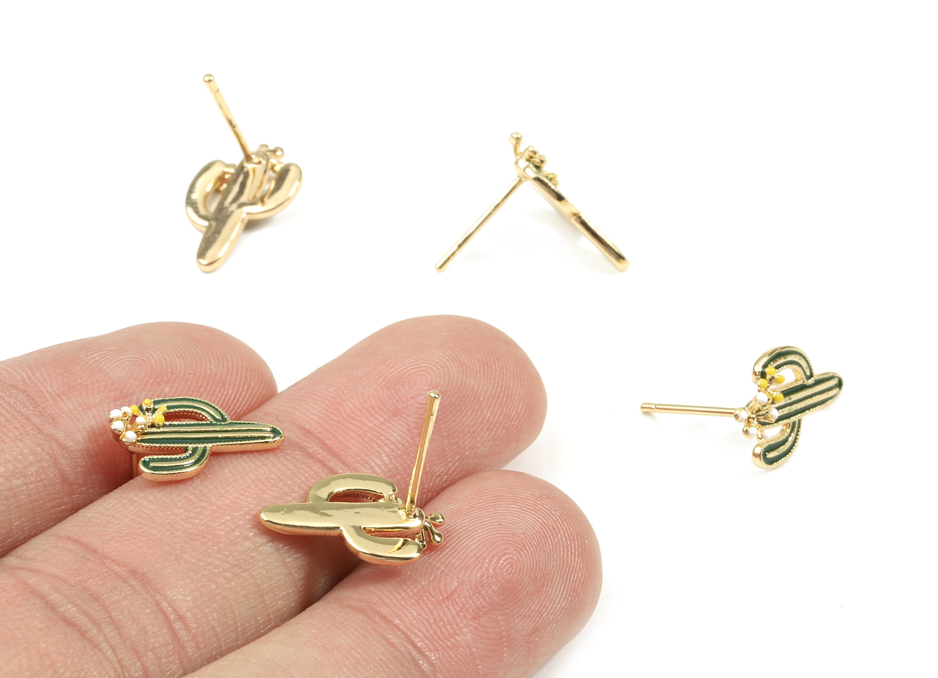 Brass Cactus Earring Post - Gold Cactus Stud Earring - Enamel Cactus Earring Stud - 18K Real Gold Plated Brass - 15.75x9.97x3.25mm - RGP2611 - DOMEDBAZAAR