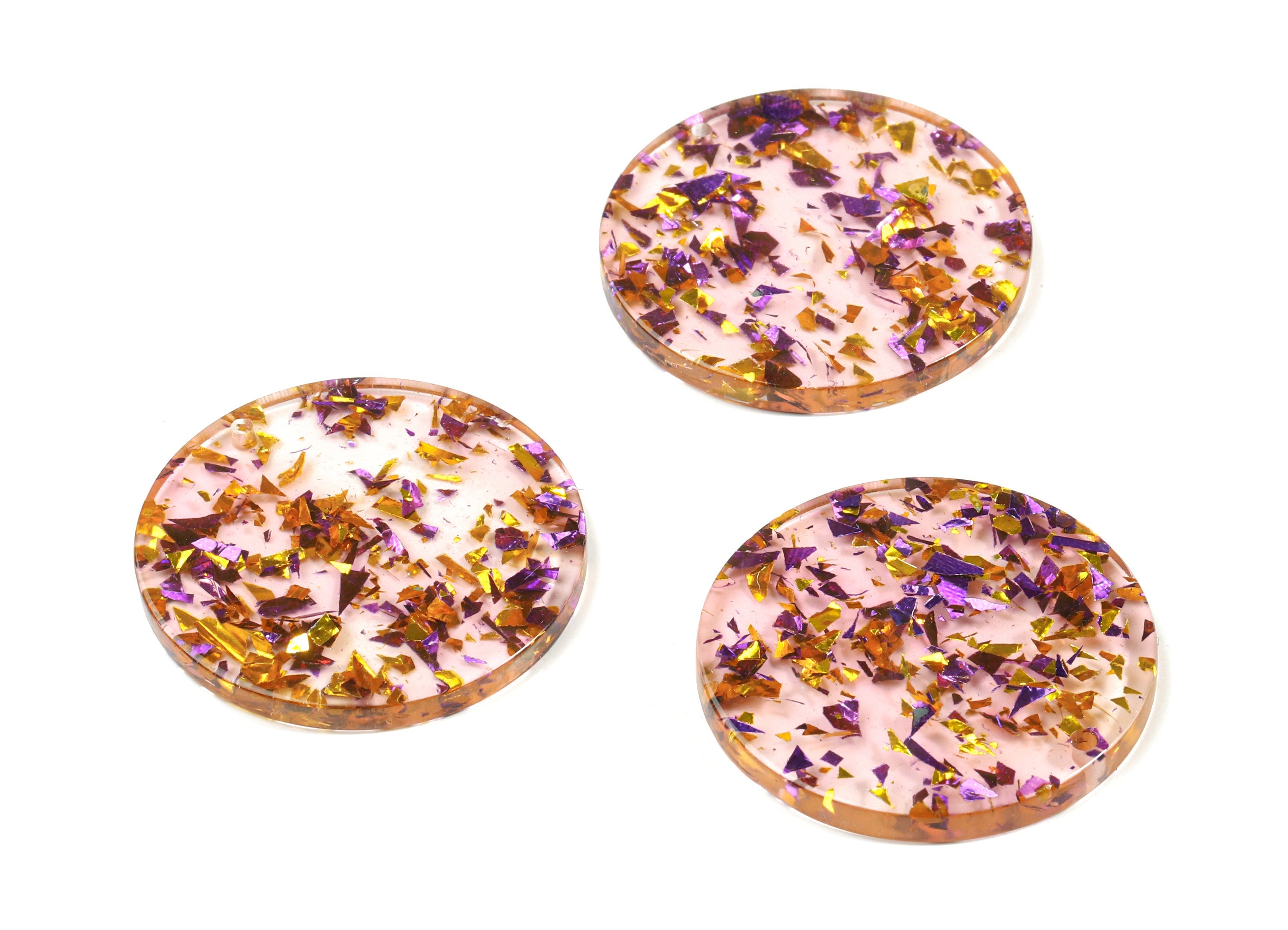 Acrylic Round Charms - Coin Earrings and Pendant - Purple Gold Foil & Confetti - Color Code: A456 - 34.68x34.68x3.23mm - AC1135-A456 - DOMEDBAZAAR