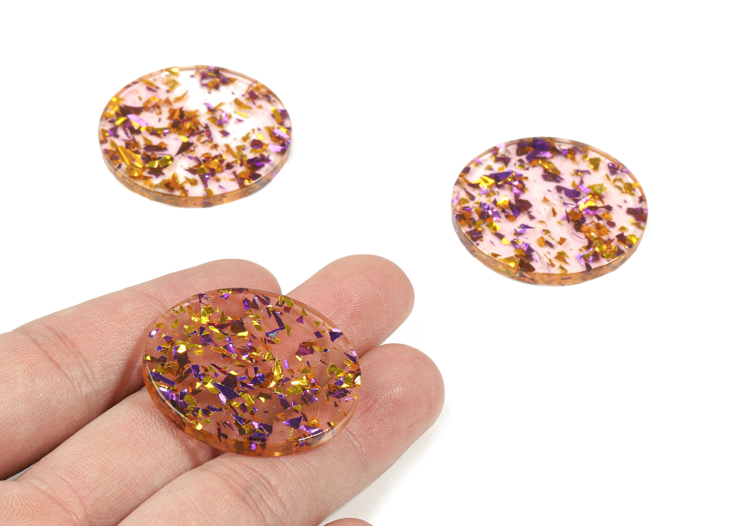 Acrylic Round Charms - Coin Earrings and Pendant - Purple Gold Foil & Confetti - Color Code: A456 - 34.68x34.68x3.23mm - AC1135-A456 - DOMEDBAZAAR