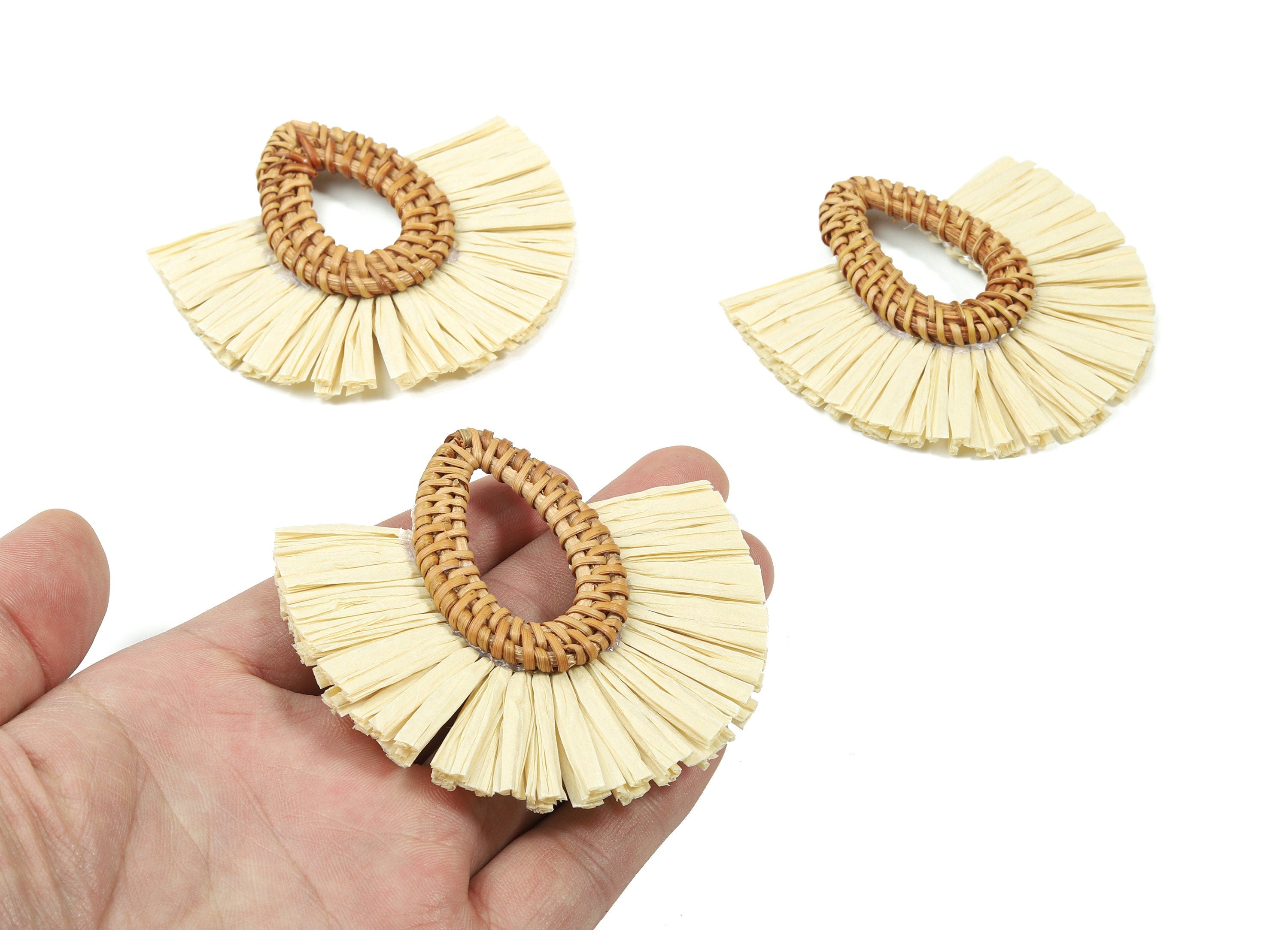 Handwoven Rattan With Raffia Tassels Earring Charms  - Drop Rattan Tassels - Wooden Straw Earring - 75.81x72.97x7.59mm - RT1350 - DOMEDBAZAAR