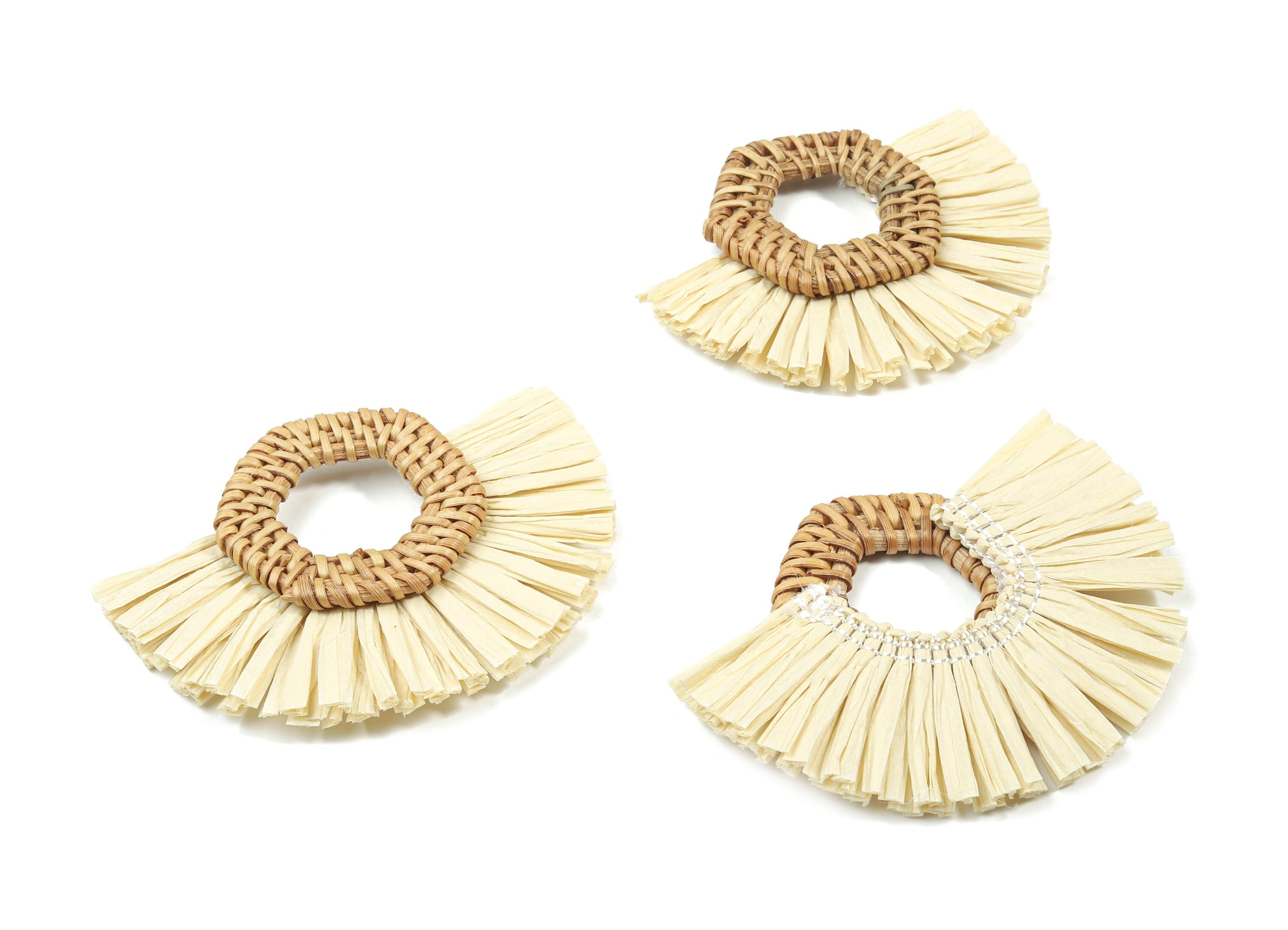 Handwoven Rattan With Raffia Tassels Earring Charms - Hexagon Rattan Tassels - Wooden Straw Earring - 79.98x65.96x8.5mm - RT1351 - DOMEDBAZAAR