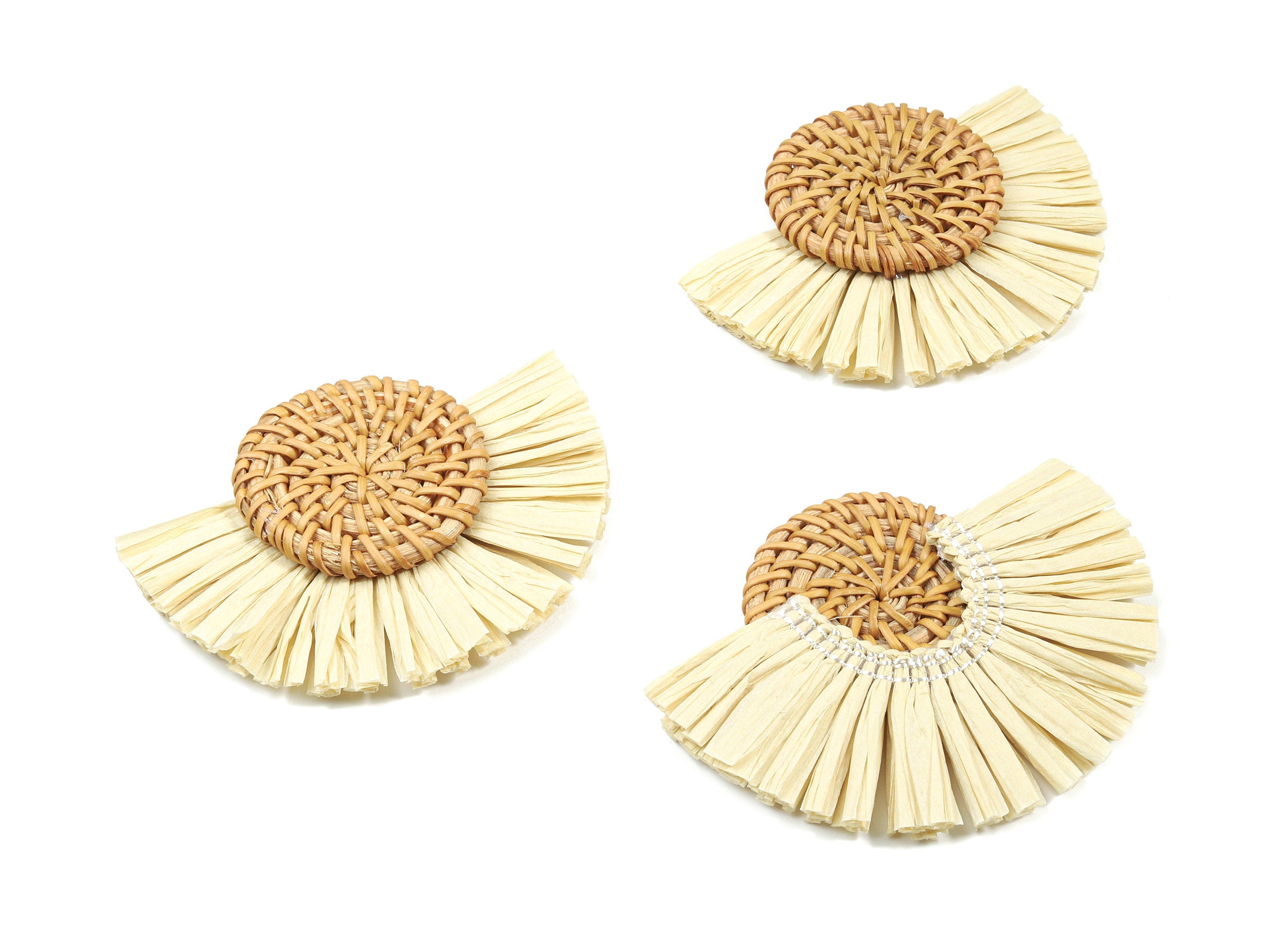 Handwoven Rattan With Raffia Tassels Earring Charms - Round Rattan Tassels - Wooden Straw Earring - 78.87x62.27x8.54mm - RT1352 - DOMEDBAZAAR