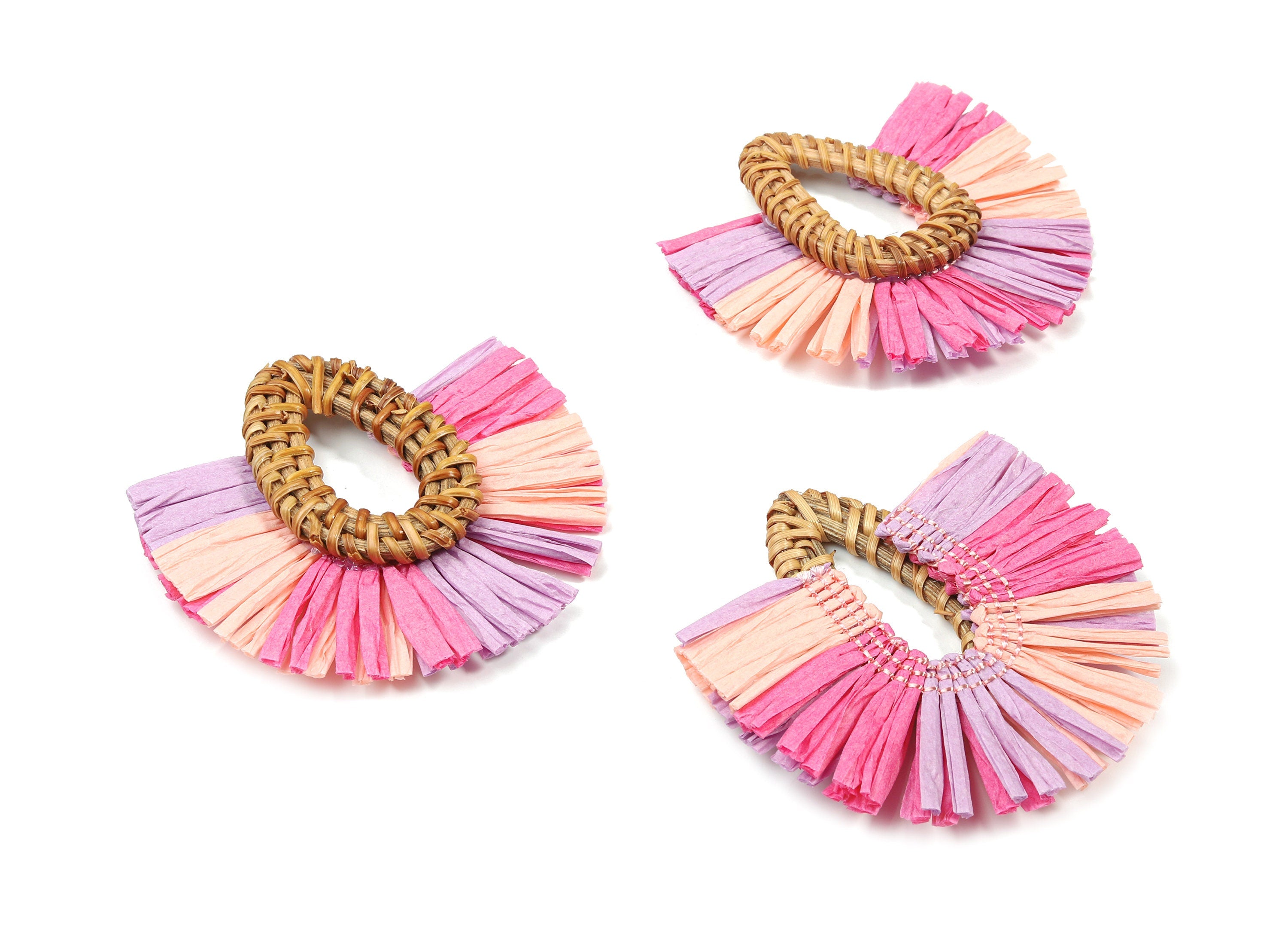 Handwoven Rattan With Raffia Tassels Earring Charms  - Drop Rattan Tassels - Wooden Straw Earring - 71.43x65.9x7.75mm - RT1353 - DOMEDBAZAAR