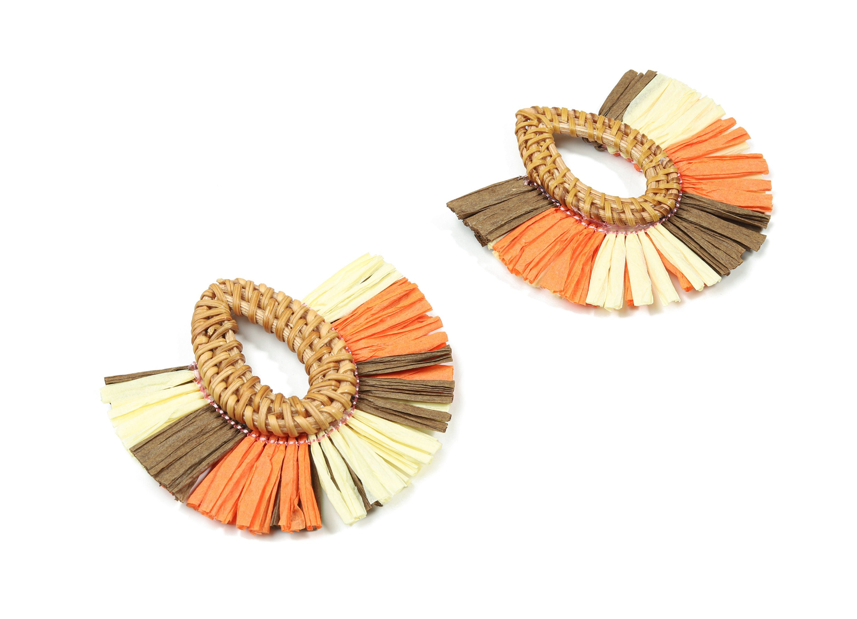 Handwoven Rattan With Raffia Tassels Earring Charms  - Drop Rattan Tassels - Wooden Straw Earring - 72.79x71.06x8.01mm - RT1355 - DOMEDBAZAAR