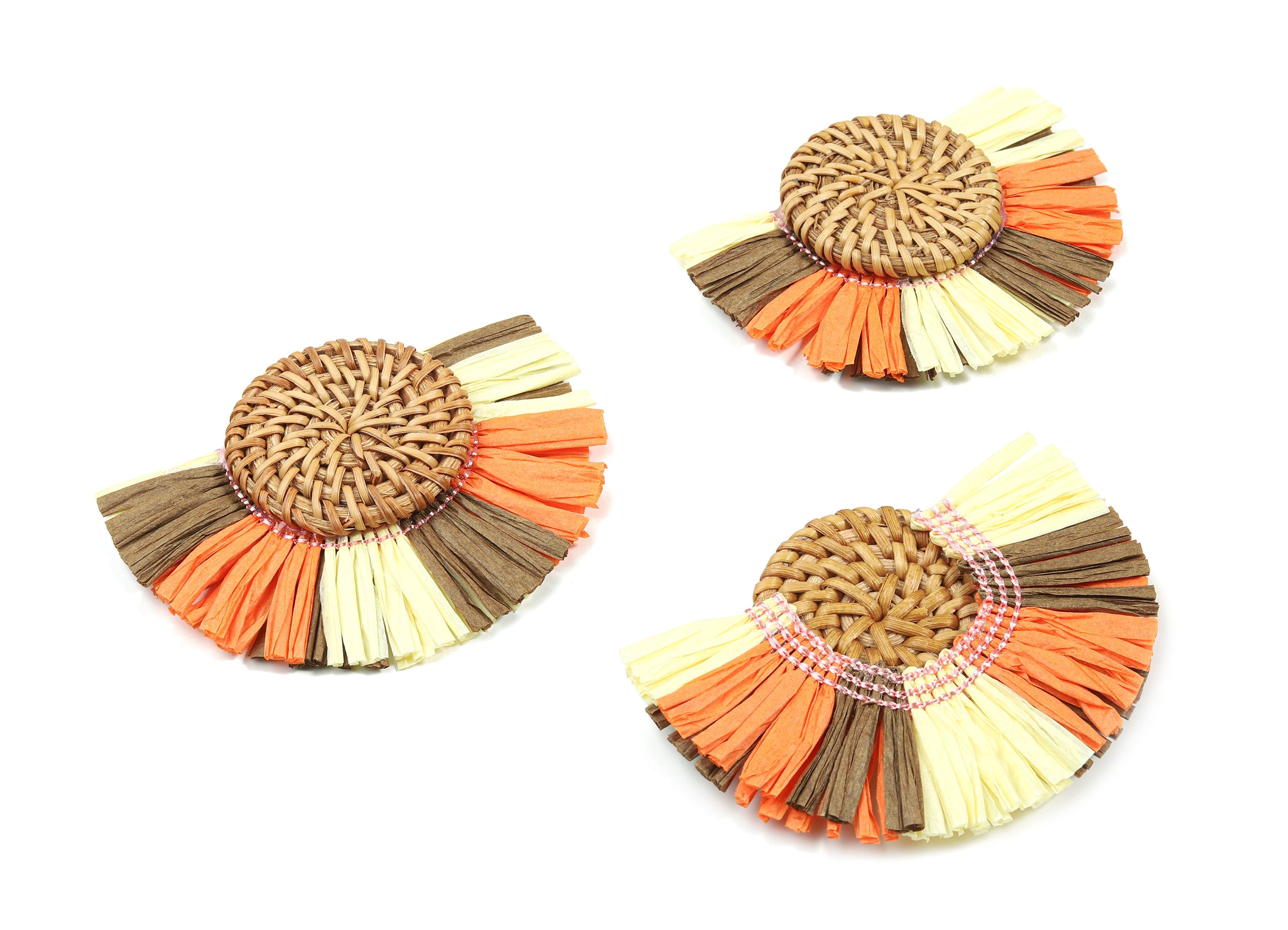 Handwoven Rattan With Raffia Tassels Earring Charms - Round Rattan Tassels - Wooden Straw Earring - 80.66x60.27x7.67mm - RT1356 - DOMEDBAZAAR
