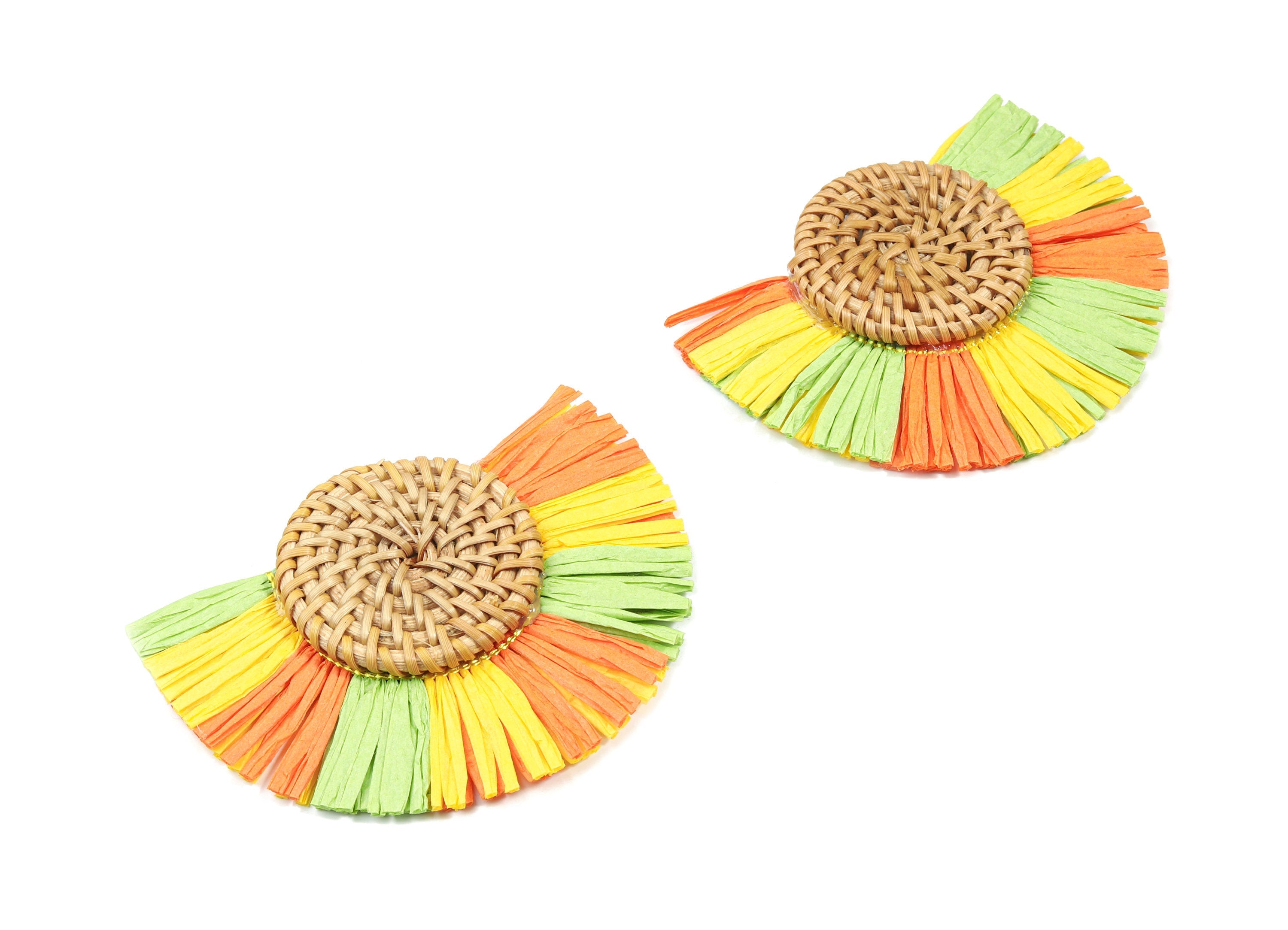 Handwoven Rattan With Raffia Tassels Earring Charms - Round Rattan Tassels - Wooden Straw Earring - 86.5x64.82x7.6mm - RT1357 - DOMEDBAZAAR