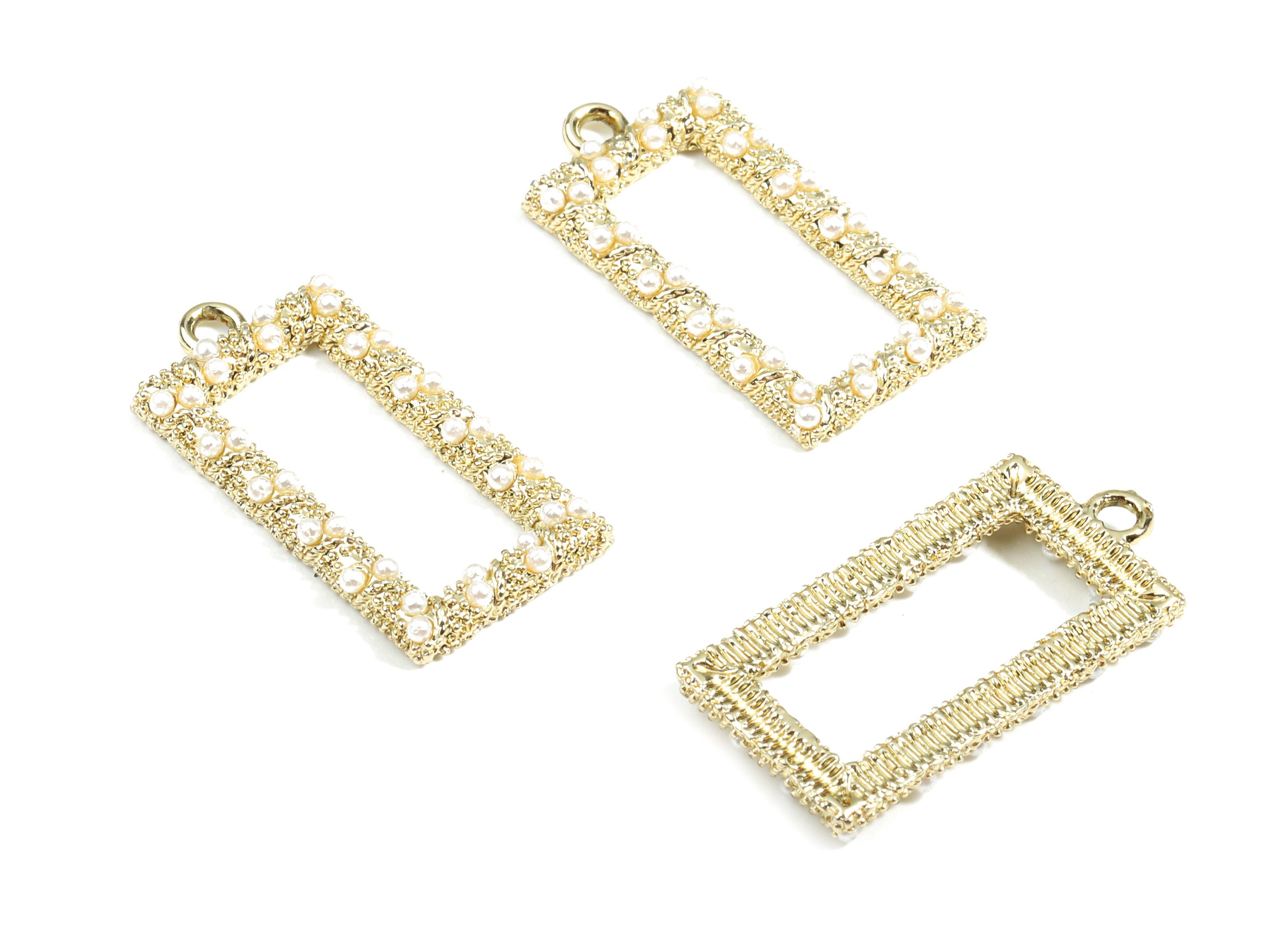 Alloy Rectangle Pendant With Peals - Zinc Alloy Rectangle Earring Charms - Gold Tone Plated - Jewelry Supplies - 29.33x14.5x2.98mm - ZZ1595 - DOMEDBAZAAR