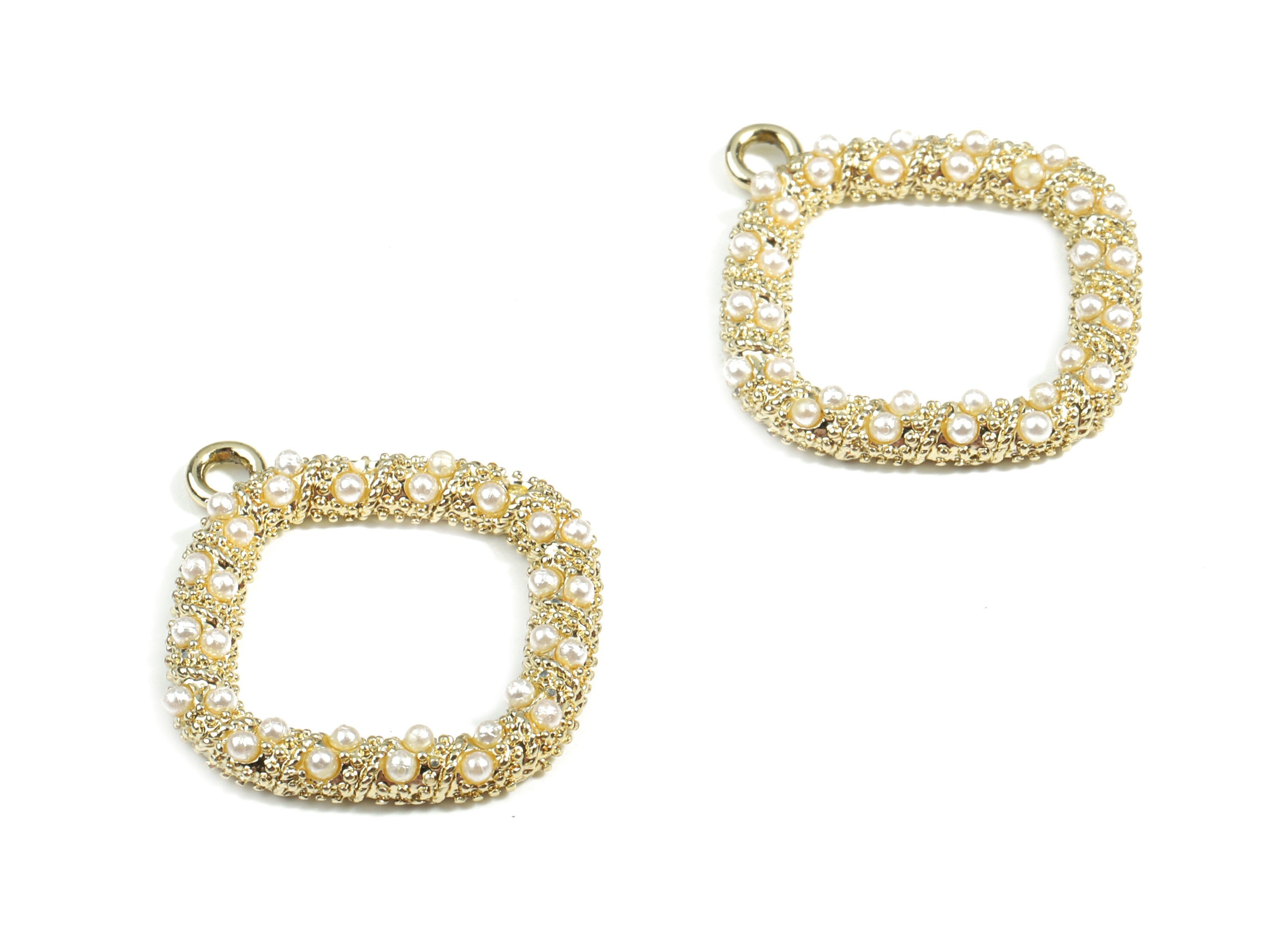 Alloy Square Pendant With Peals - Zinc Alloy Square Earring Charms - Gold Tone Plated - Jewelry Supplies - 26.49x23.29x2.79mm - ZZ1594 - DOMEDBAZAAR