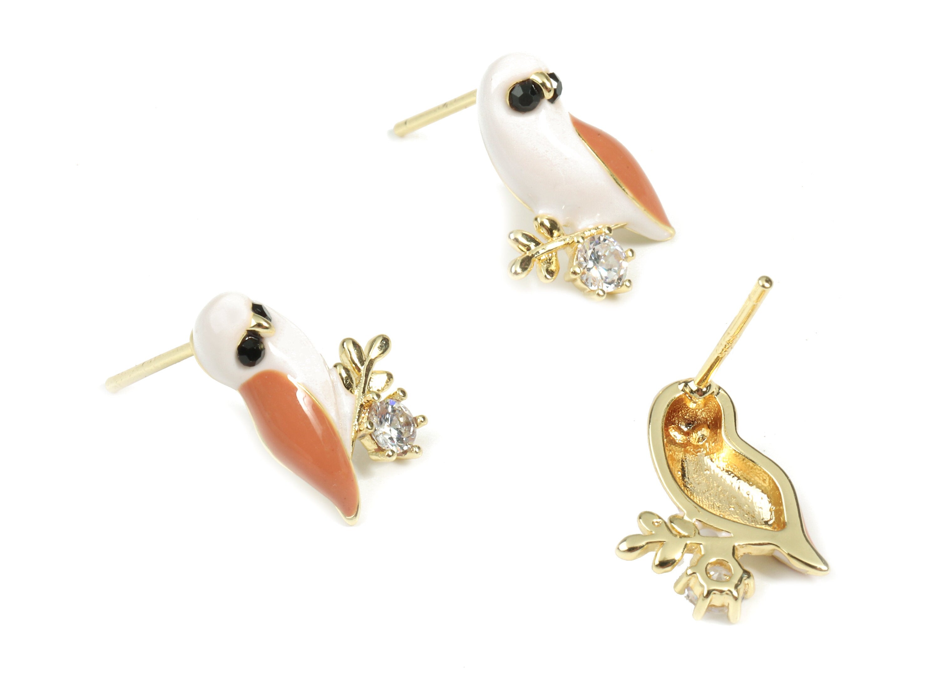 Brass Enamel Hoot Owl Earrings Own On Branch - Gold Owl Stud Earring With Zircon - 18K Real Gold Plated Brass - 14.73x10.9x3.49mm - RGP2613 - DOMEDBAZAAR
