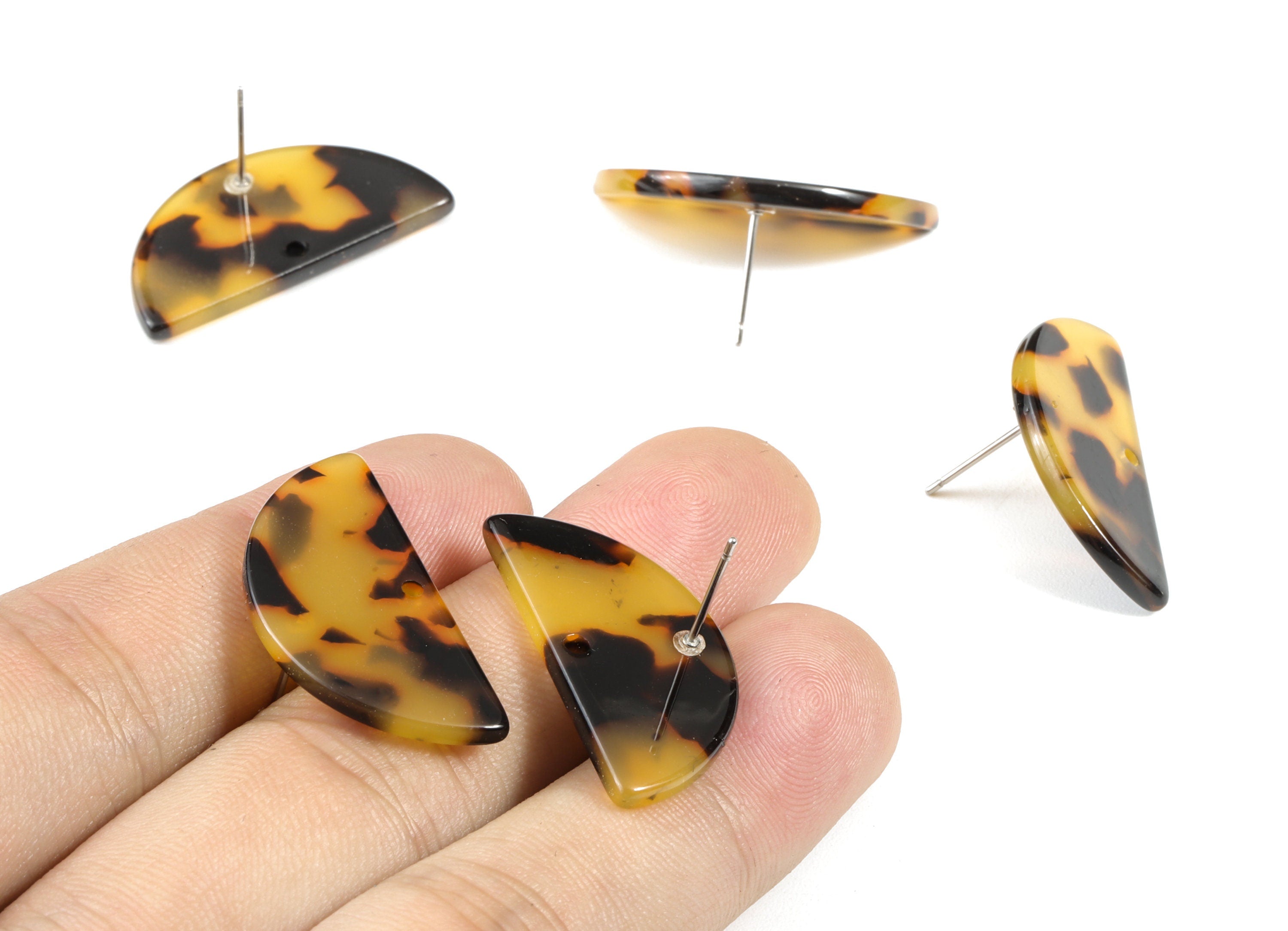 Acetate Acrylic Earring Stud - Post Charms - Tortoise Shell - Semicircle Earring Post - Color Code: A01- 30.07x14.76x2.58mm - AC1593-A01 - DOMEDBAZAAR