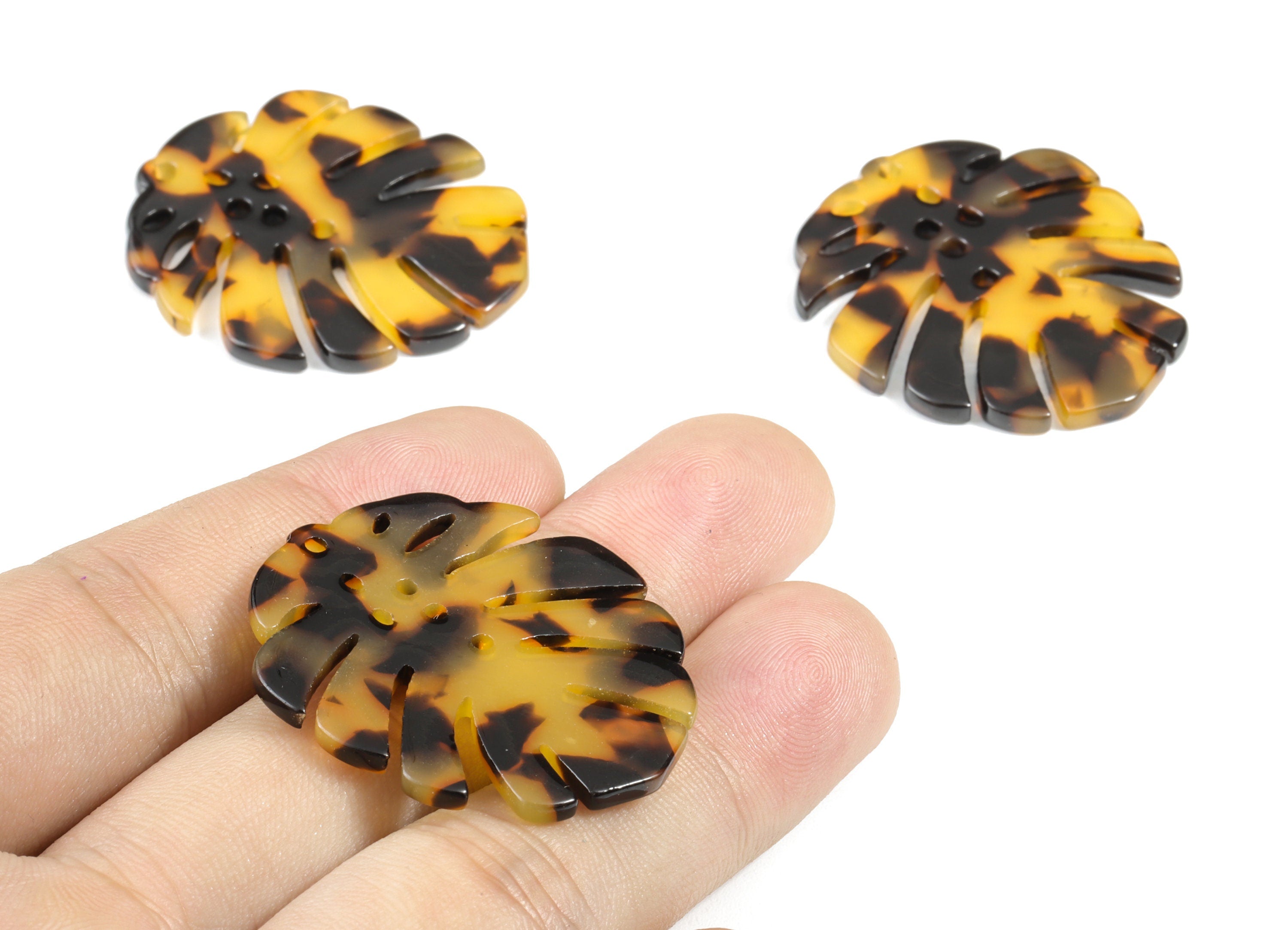 Acetate Acrylic Earring Charms - Tortoise Shell - Monstera Leaf Shaped Pendant - Color Code: A01 - 38.74x33.4x2.6mm - AC1595-A01 - DOMEDBAZAAR