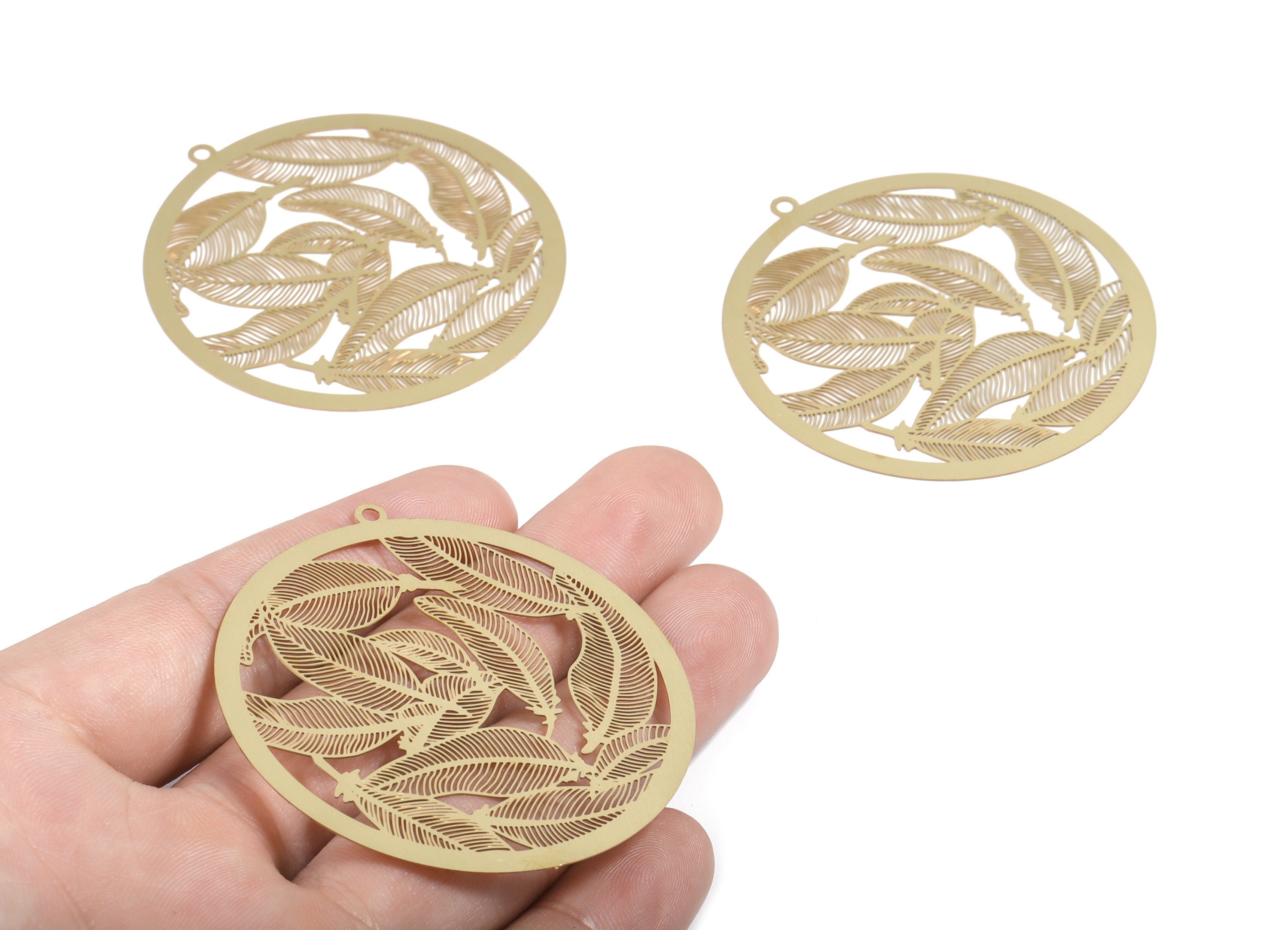 Raw Brass Feathers Earring Charms - Raw Brass Circle Necklace Pendant - Earring Findings - Jewelry Supplies - 58.16x54.88x0.3m - JJA4615 - DOMEDBAZAAR