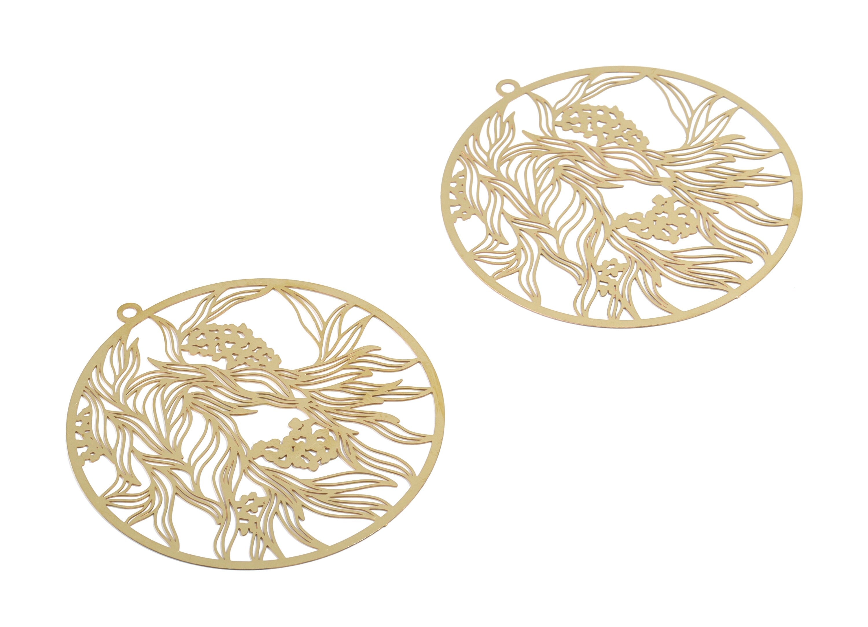 Raw Brass Leafs Earring Charms - Raw Brass Circle Flowers Necklace Pendant - Earring Findings - Jewelry Supplies - 58x54.73x 0.3mm - JJA4614 - DOMEDBAZAAR