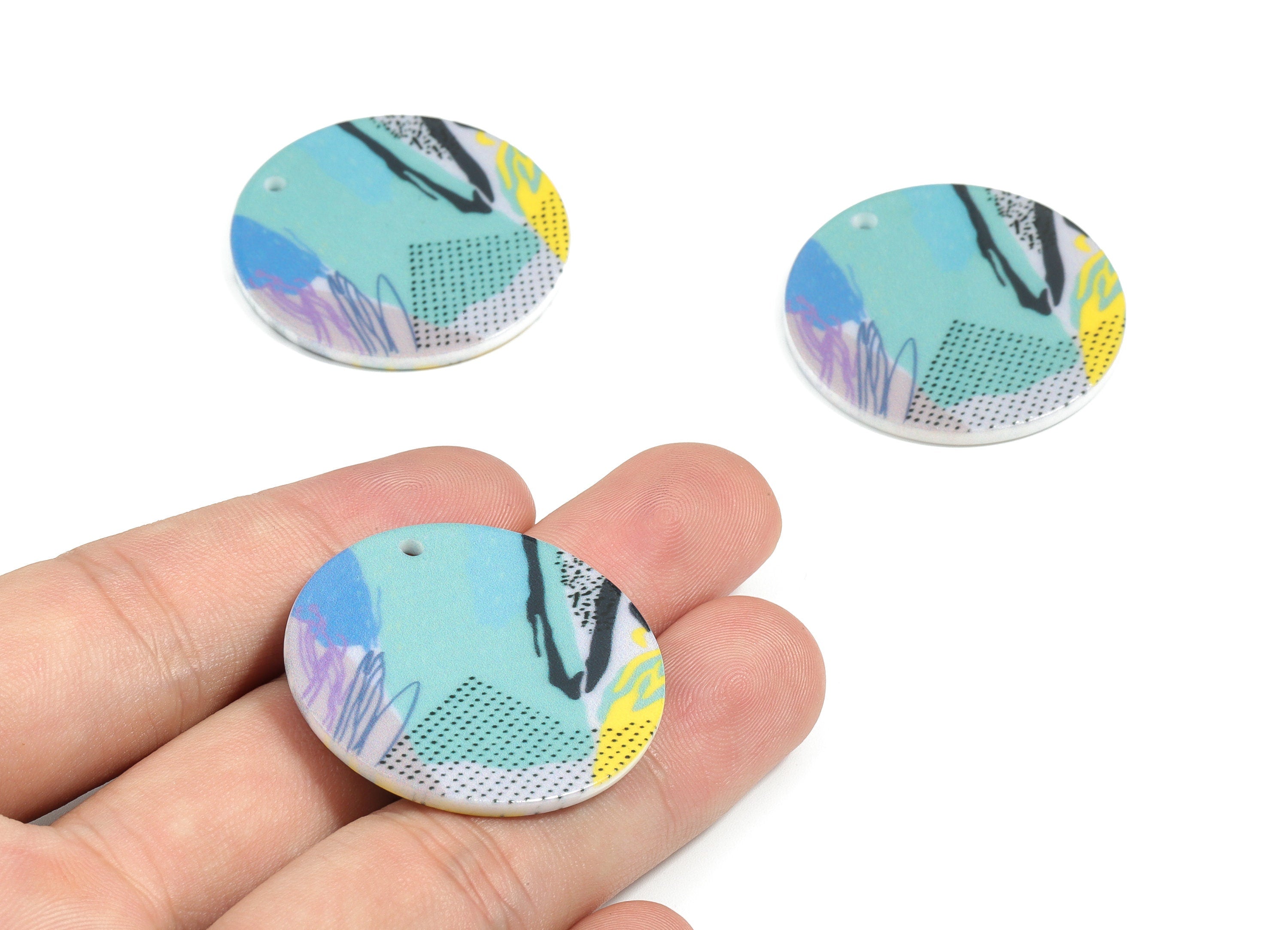 Acrylic Round Earring Charms - Printing Circle Acrylic Pendant - Jewelry Supplies  - Color Code: B1 - 34.47x34.47x2.11mm - AC1874-B1 - DOMEDBAZAAR