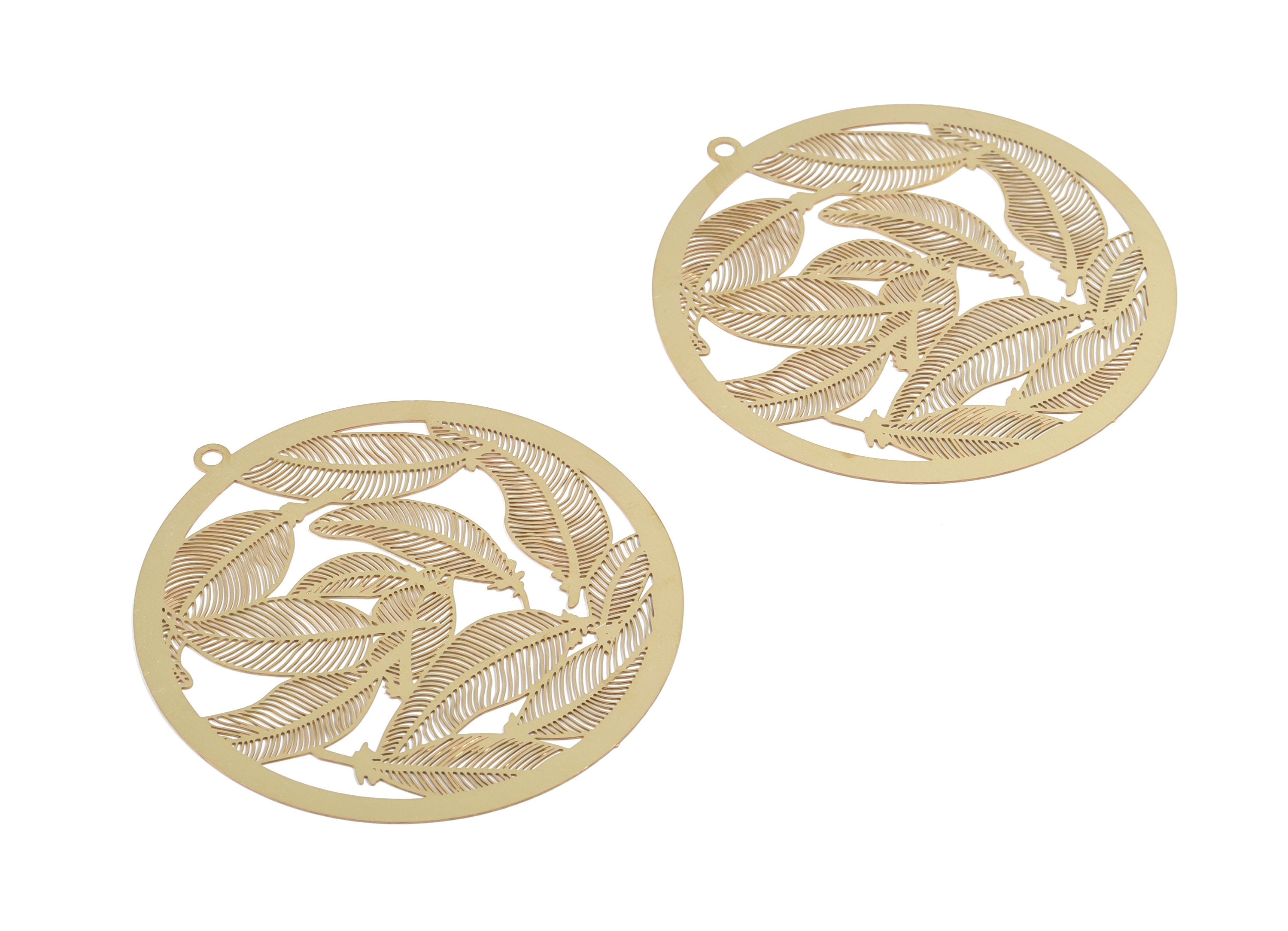 Raw Brass Feathers Earring Charms - Raw Brass Circle Necklace Pendant - Earring Findings - Jewelry Supplies - 58.16x54.88x0.3m - JJA4615 - DOMEDBAZAAR