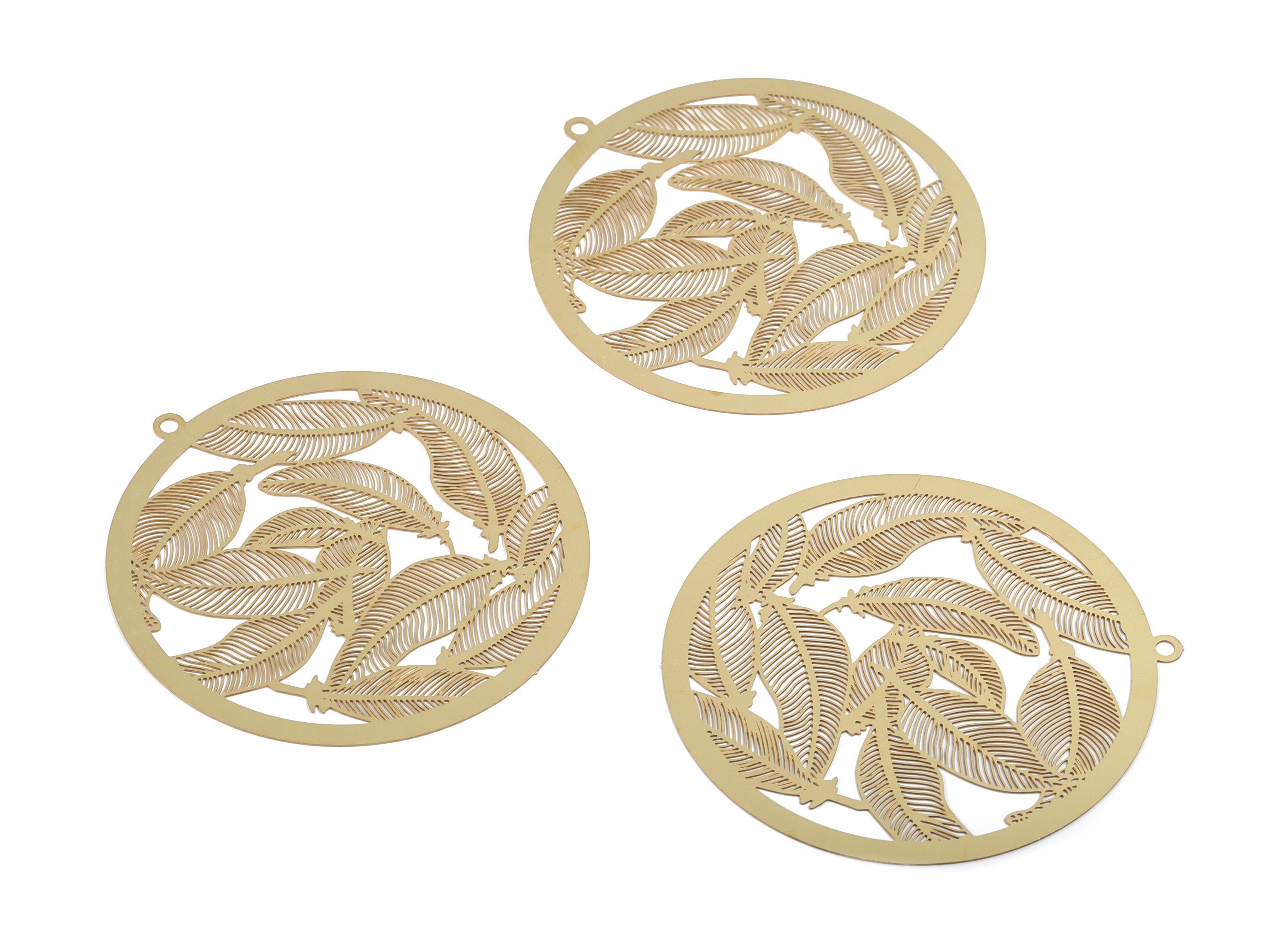 Raw Brass Feathers Earring Charms - Raw Brass Circle Necklace Pendant - Earring Findings - Jewelry Supplies - 58.16x54.88x0.3m - JJA4615 - DOMEDBAZAAR
