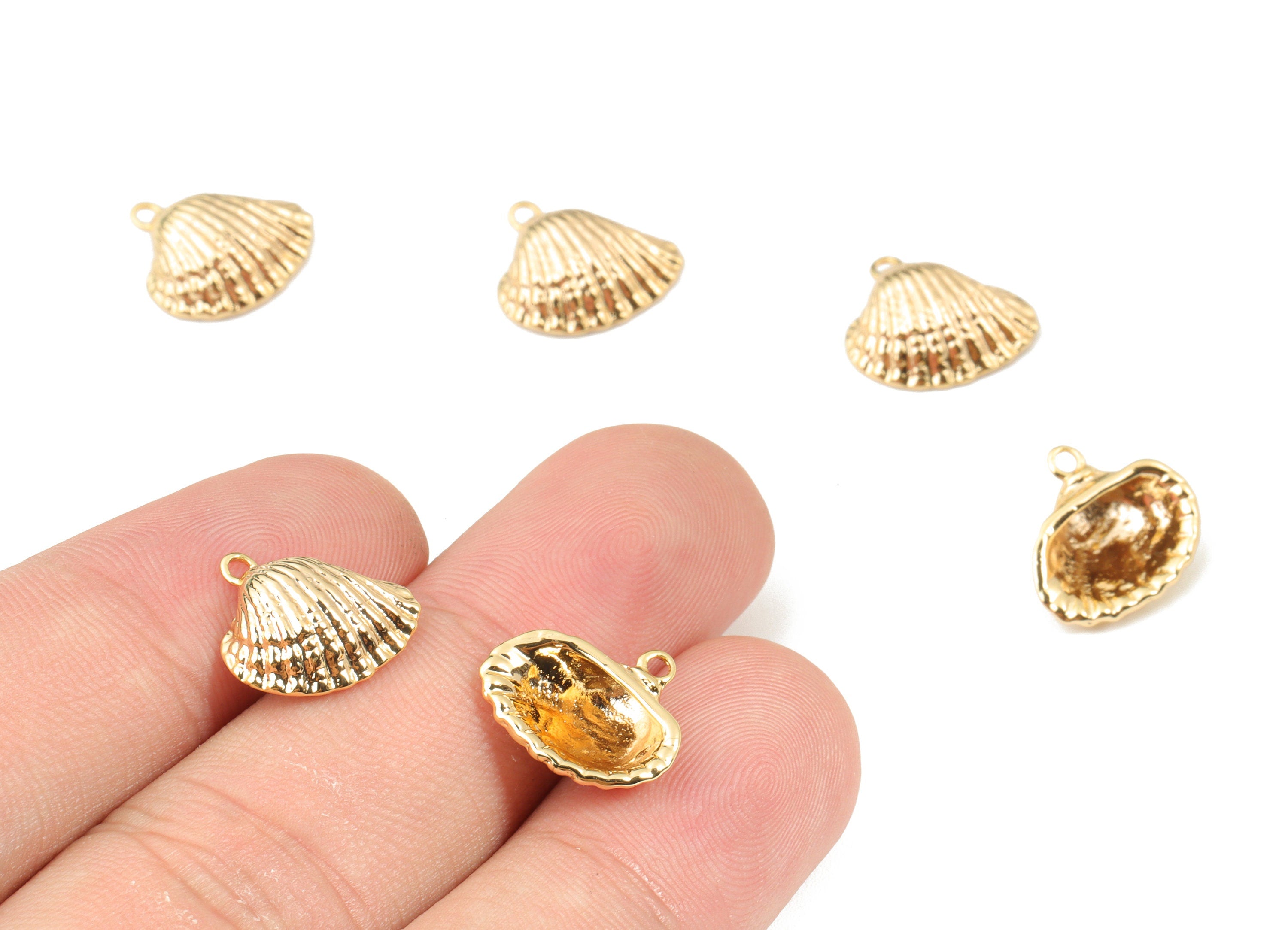 Brass Seashell Earring Charms - Gold Shell Pendant - 18K Real Gold Plated Brass - Jewelry Supplies - 13.62x12.67x4.51mm - RGP2631 - DOMEDBAZAAR