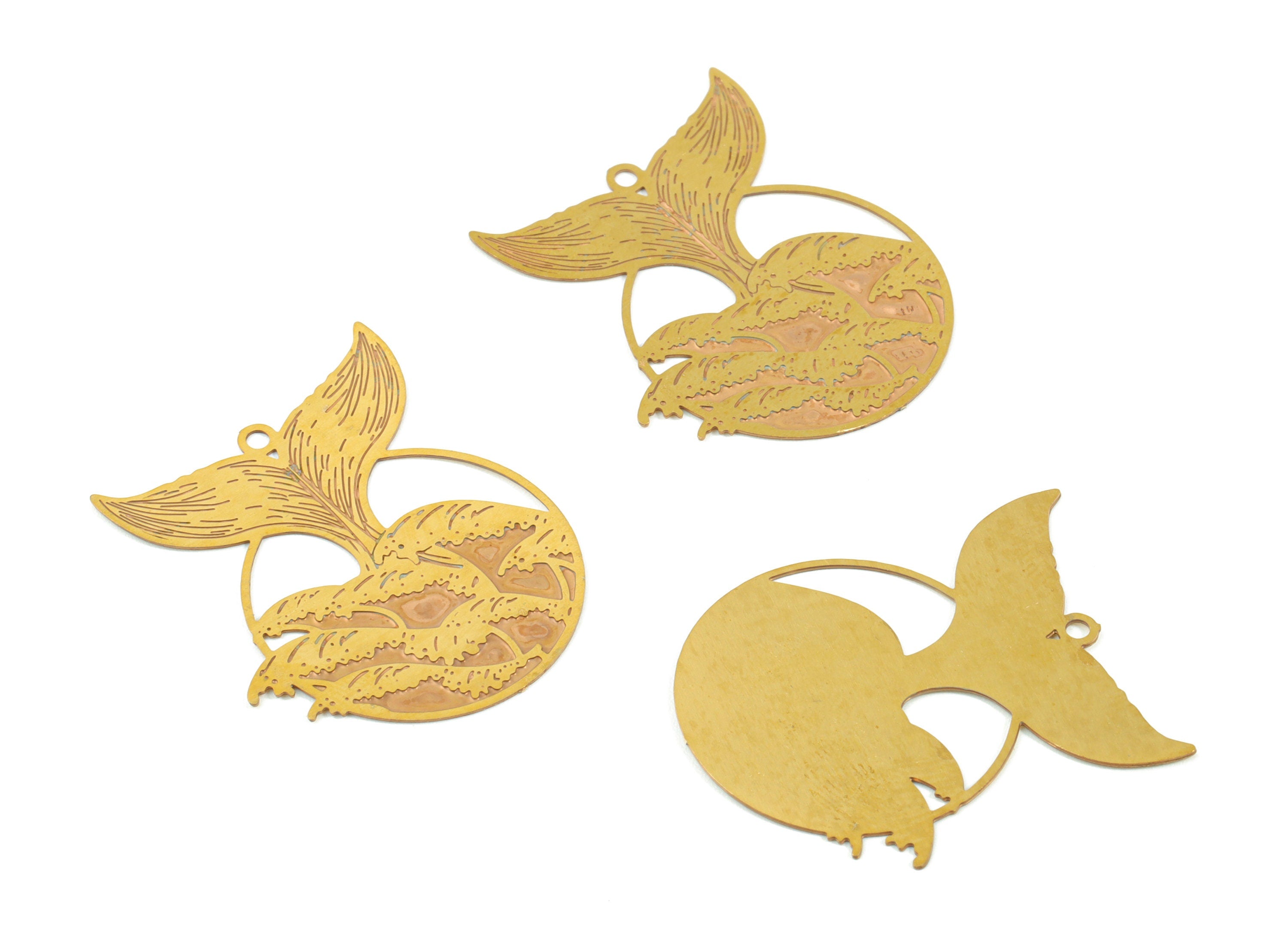 Brass Round Fishtail Earring Charms - Raw Brass Fish Circle Pendant - Earring Findings - Jewelry Supplies - 26.72x22.47x0.36mm - JJB6106 - DOMEDBAZAAR