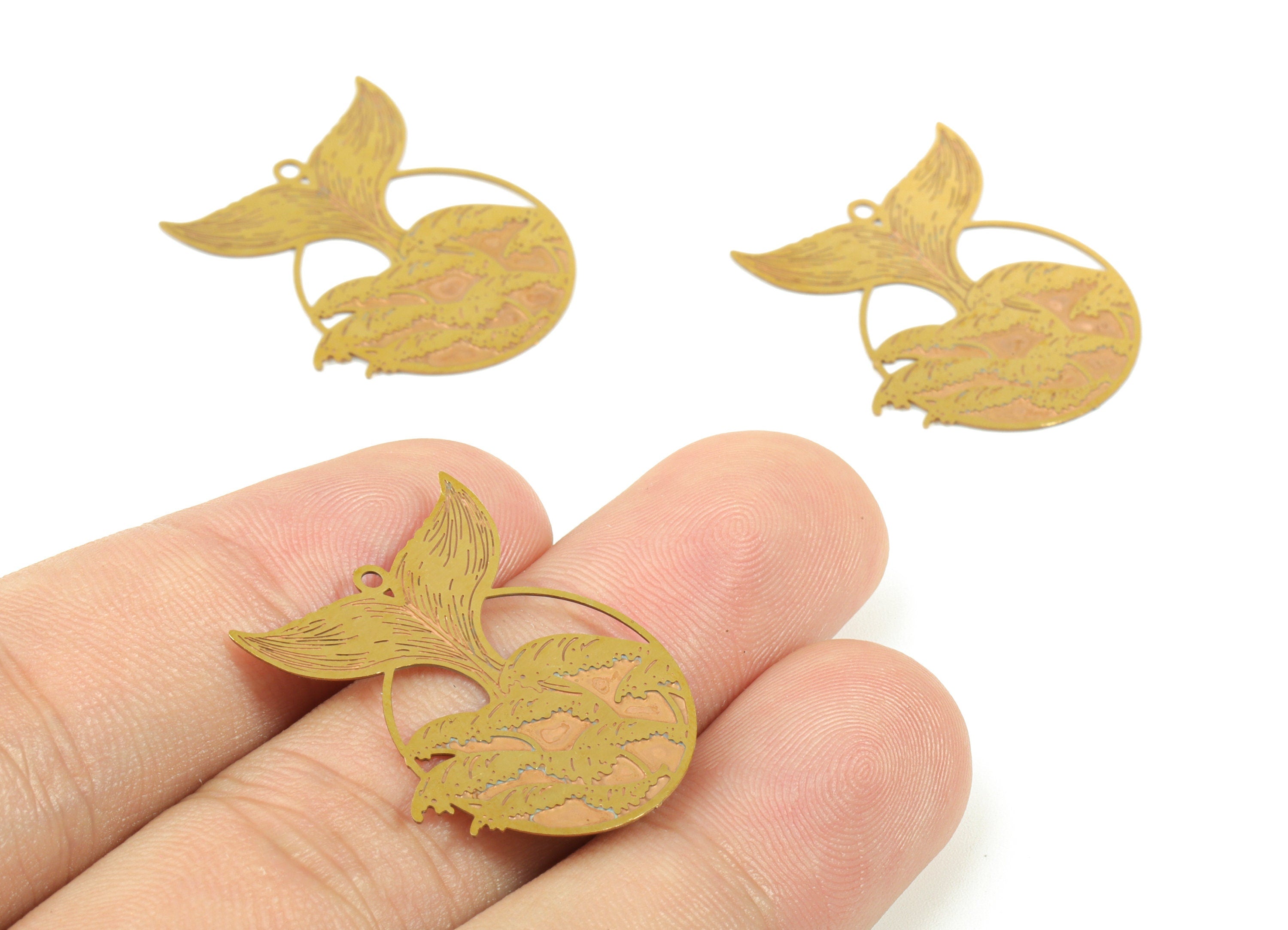 Brass Round Fishtail Earring Charms - Raw Brass Fish Circle Pendant - Earring Findings - Jewelry Supplies - 26.72x22.47x0.36mm - JJB6106 - DOMEDBAZAAR