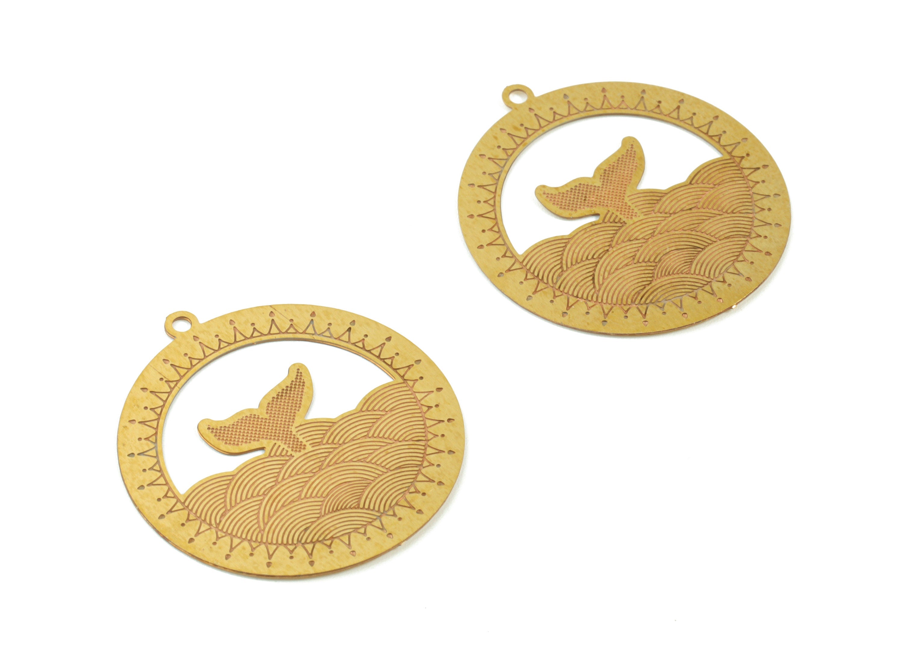 Brass Round Fishtail Earring Charms - Raw Brass Fish Circle Pendant - Earring Findings - Jewelry Supplies - 25.95x23.97x0.47mm - JJB6108 - DOMEDBAZAAR