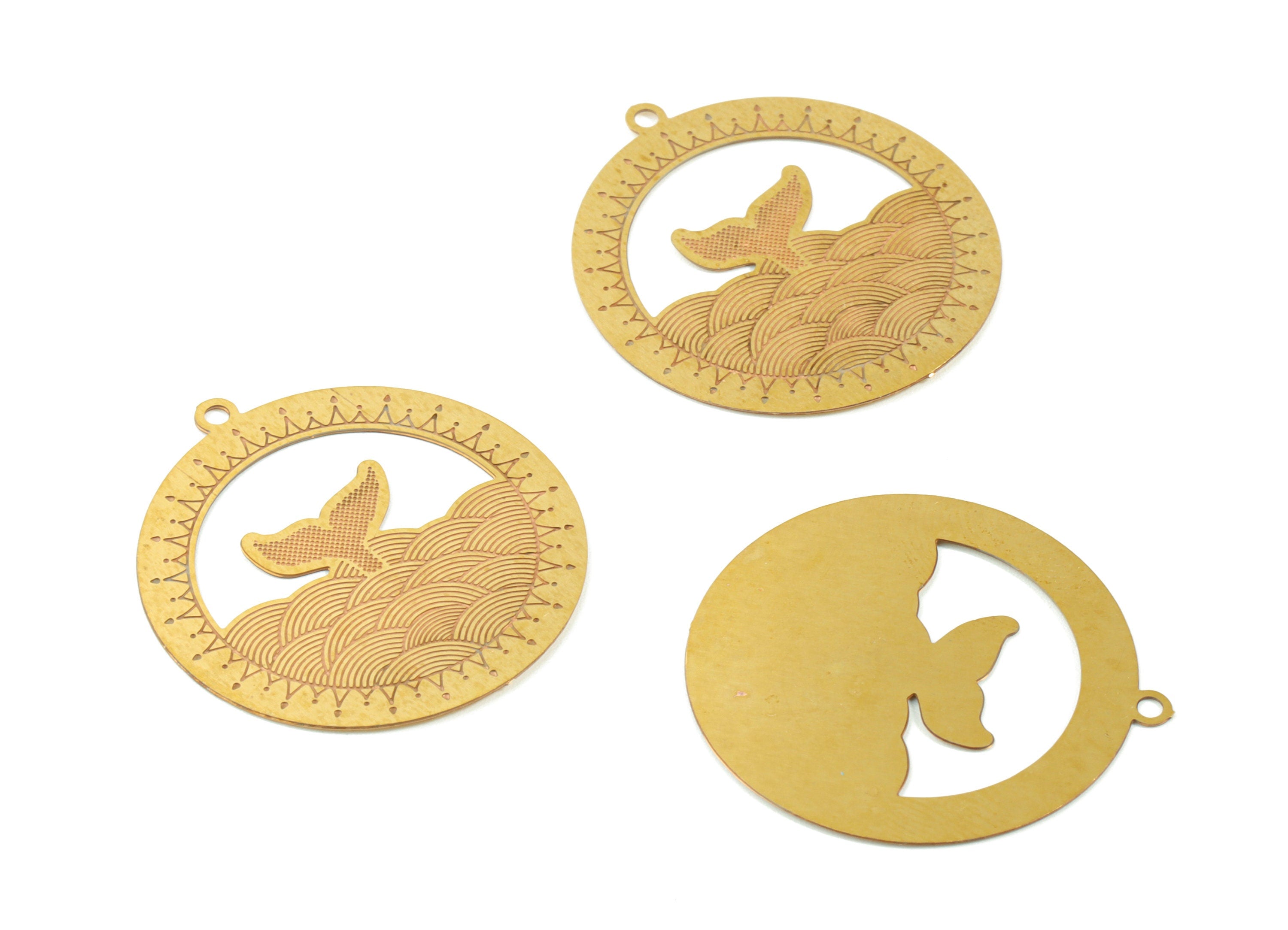 Brass Round Fishtail Earring Charms - Raw Brass Fish Circle Pendant - Earring Findings - Jewelry Supplies - 25.95x23.97x0.47mm - JJB6108 - DOMEDBAZAAR