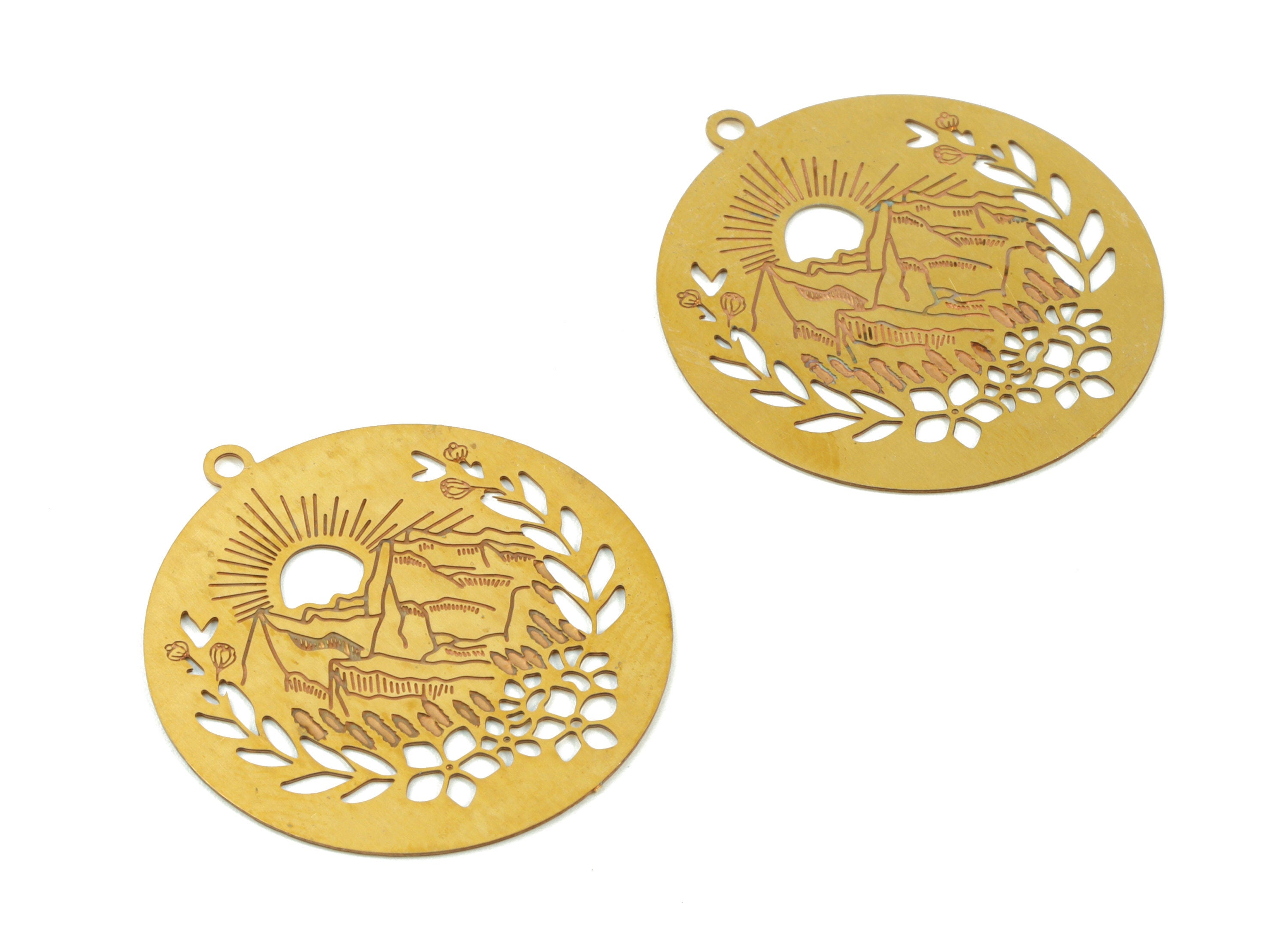 Brass Round Mountain Earring Charms - Raw Brass Mountain Circle Pendant - Earring Findings - Jewellery Supplies - 25.9x23.9x0.3mm - JJB6109 - DOMEDBAZAAR
