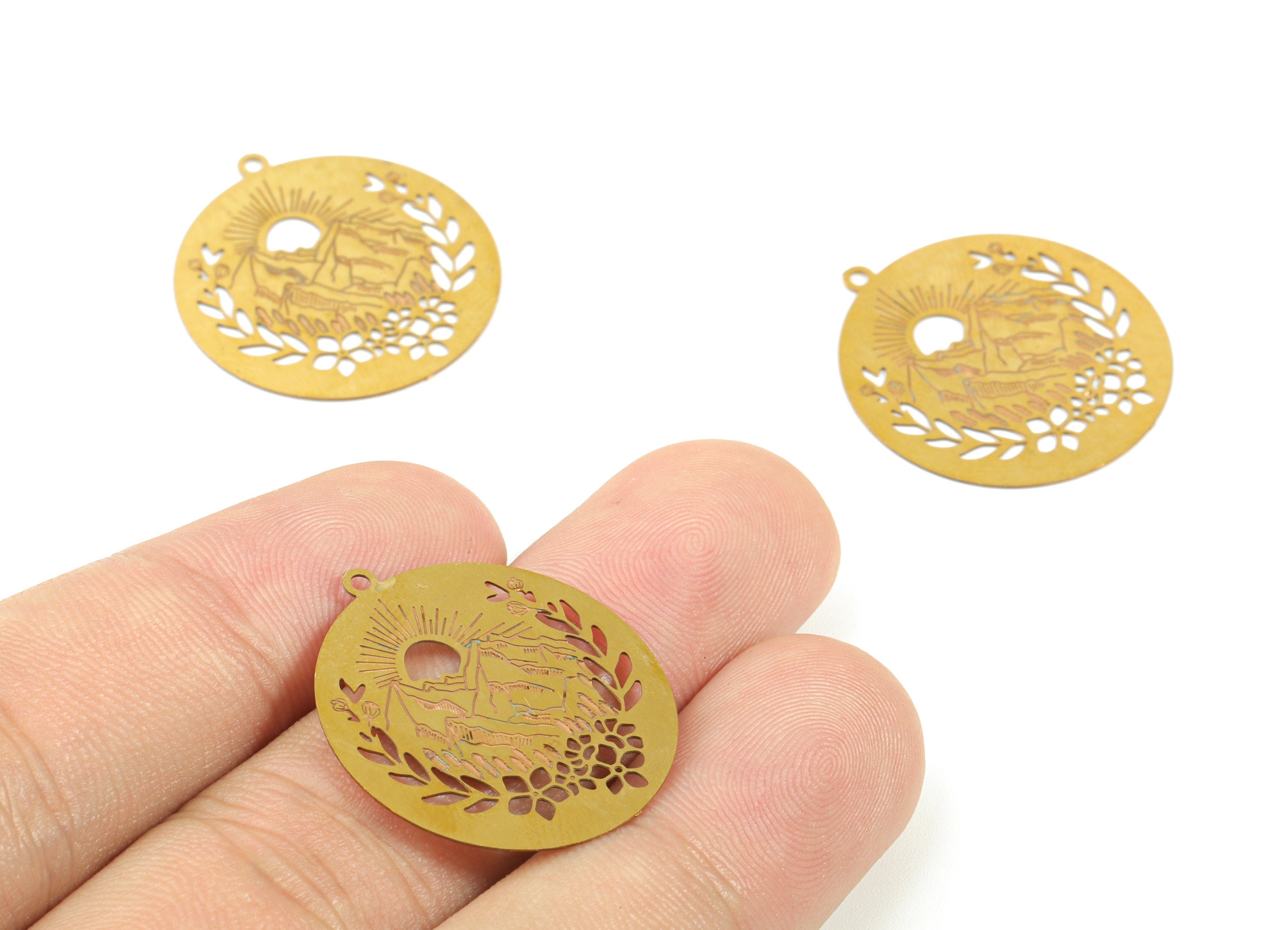 Brass Round Mountain Earring Charms - Raw Brass Mountain Circle Pendant - Earring Findings - Jewellery Supplies - 25.9x23.9x0.3mm - JJB6109 - DOMEDBAZAAR