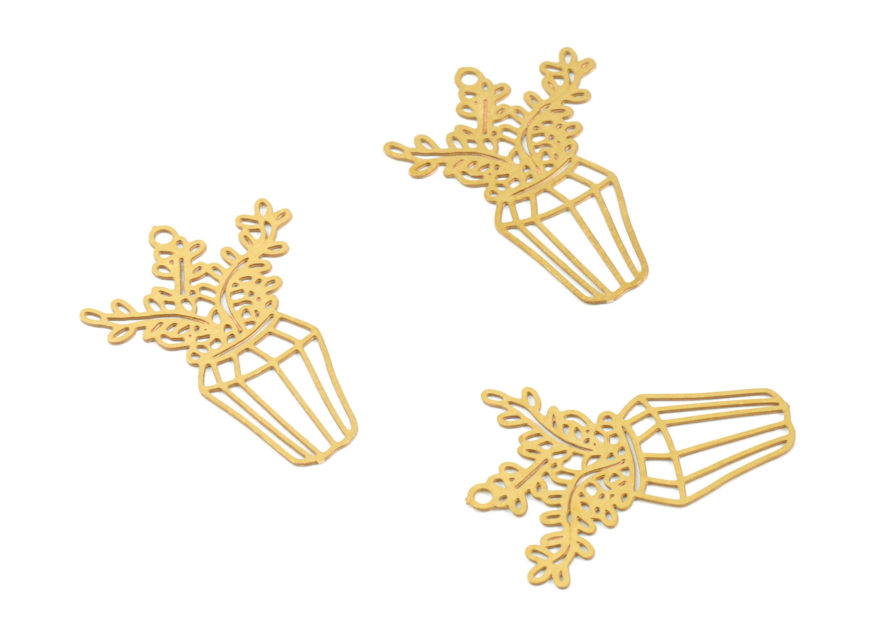 Brass Vase Flower Earring Charms - Raw Brass Flower Vase Earring - Earring Findings - Jewelry Supplies - 22.09x16.15x0.3mm - JJC11490 - DOMEDBAZAAR