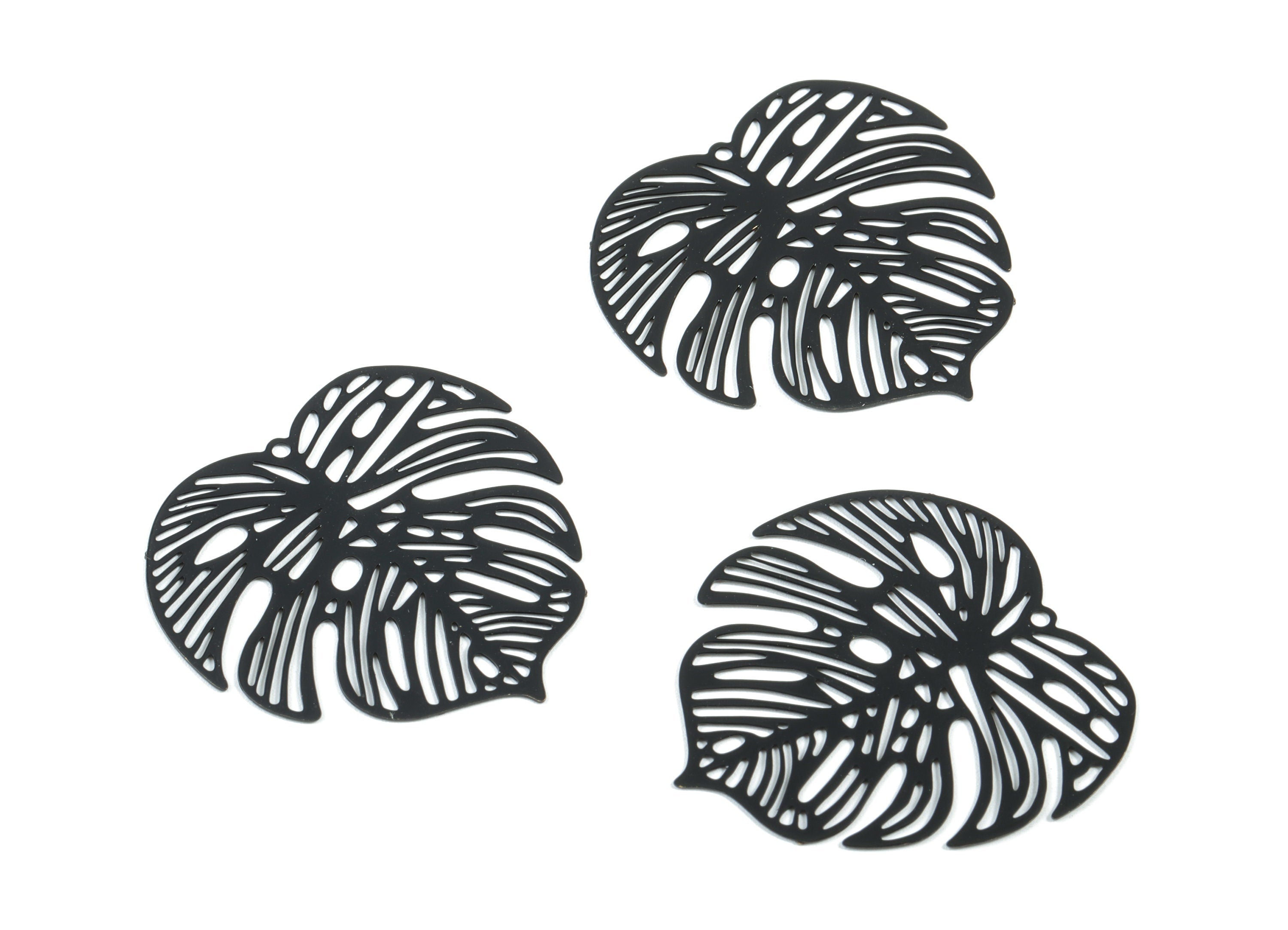 Luminous Black Monstera Pendant - Brass Monstera Charm For Necklace - Earring Supplies - Color Code: T1 - 32.41x31.97x0.38mm - JJB5106-T1 - DOMEDBAZAAR