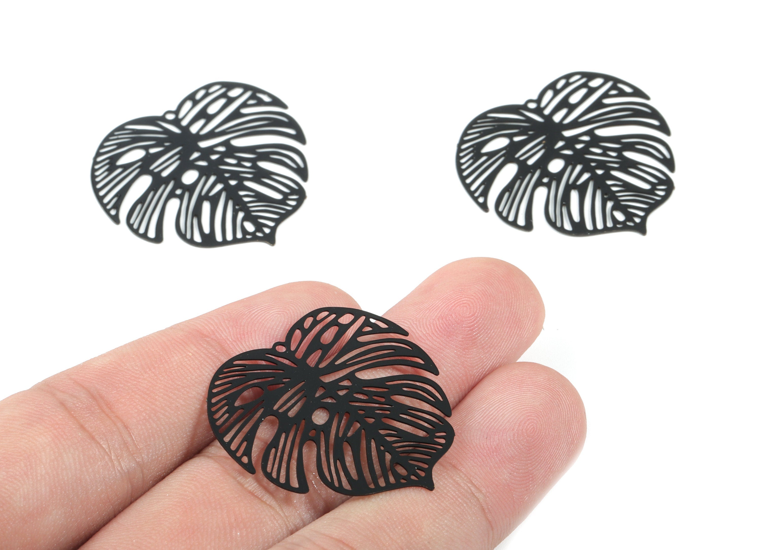 Luminous Black Monstera Pendant - Brass Monstera Charm For Necklace - Earring Supplies - Color Code: T1 - 32.41x31.97x0.38mm - JJB5106-T1 - DOMEDBAZAAR