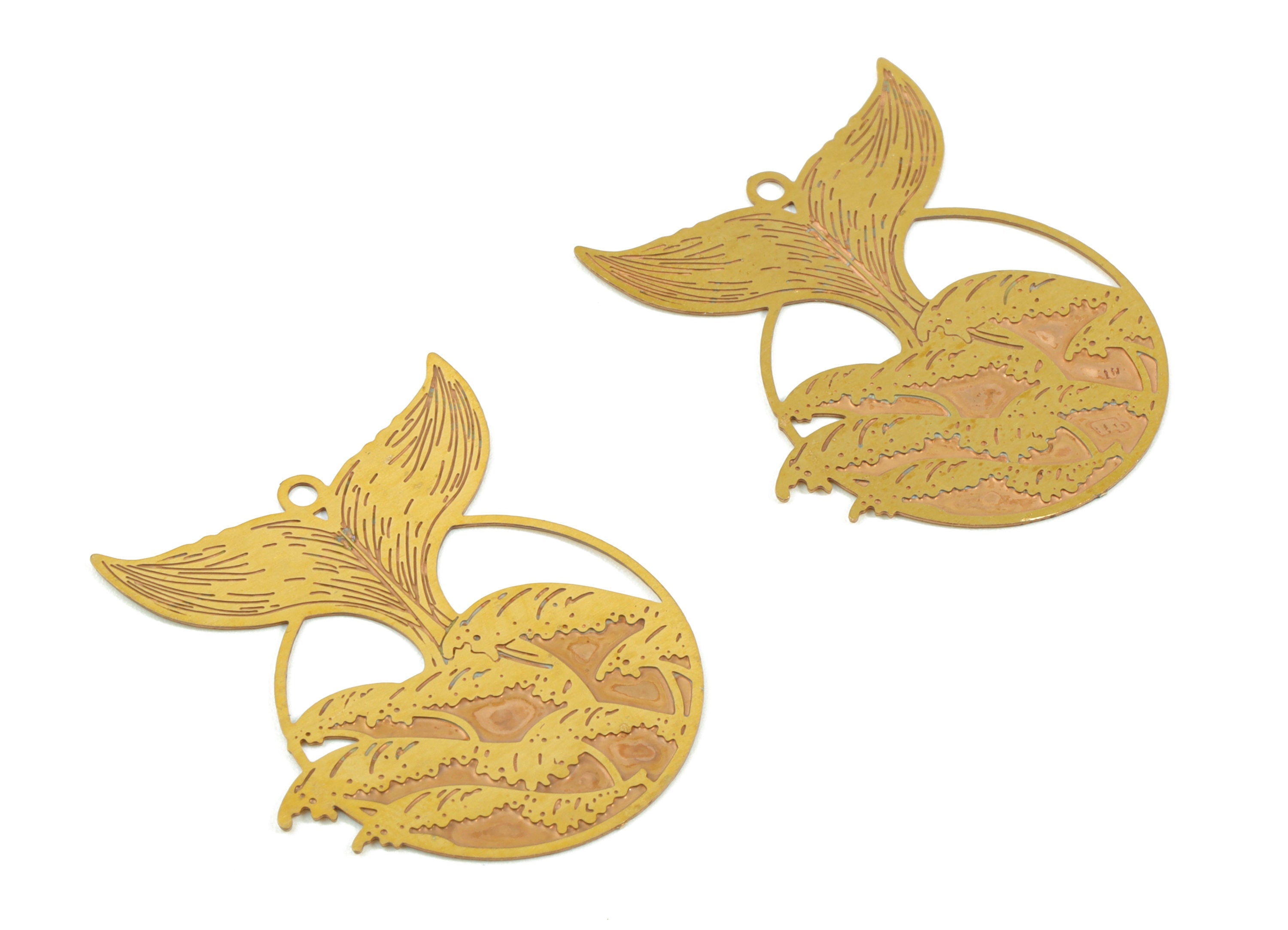 Brass Round Fishtail Earring Charms - Raw Brass Fish Circle Pendant - Earring Findings - Jewelry Supplies - 26.72x22.47x0.36mm - JJB6106 - DOMEDBAZAAR