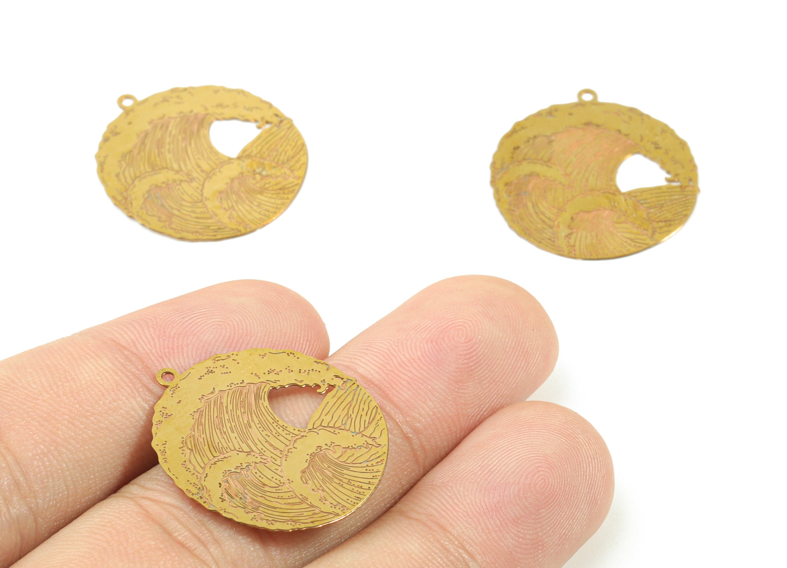 Brass Round Wave Earring Charms - Raw Brass Wave Circle Pendant - Earring Findings - Jewelry Supplies - 25.96x23.62x0.53mm - JJB6104 - DOMEDBAZAAR