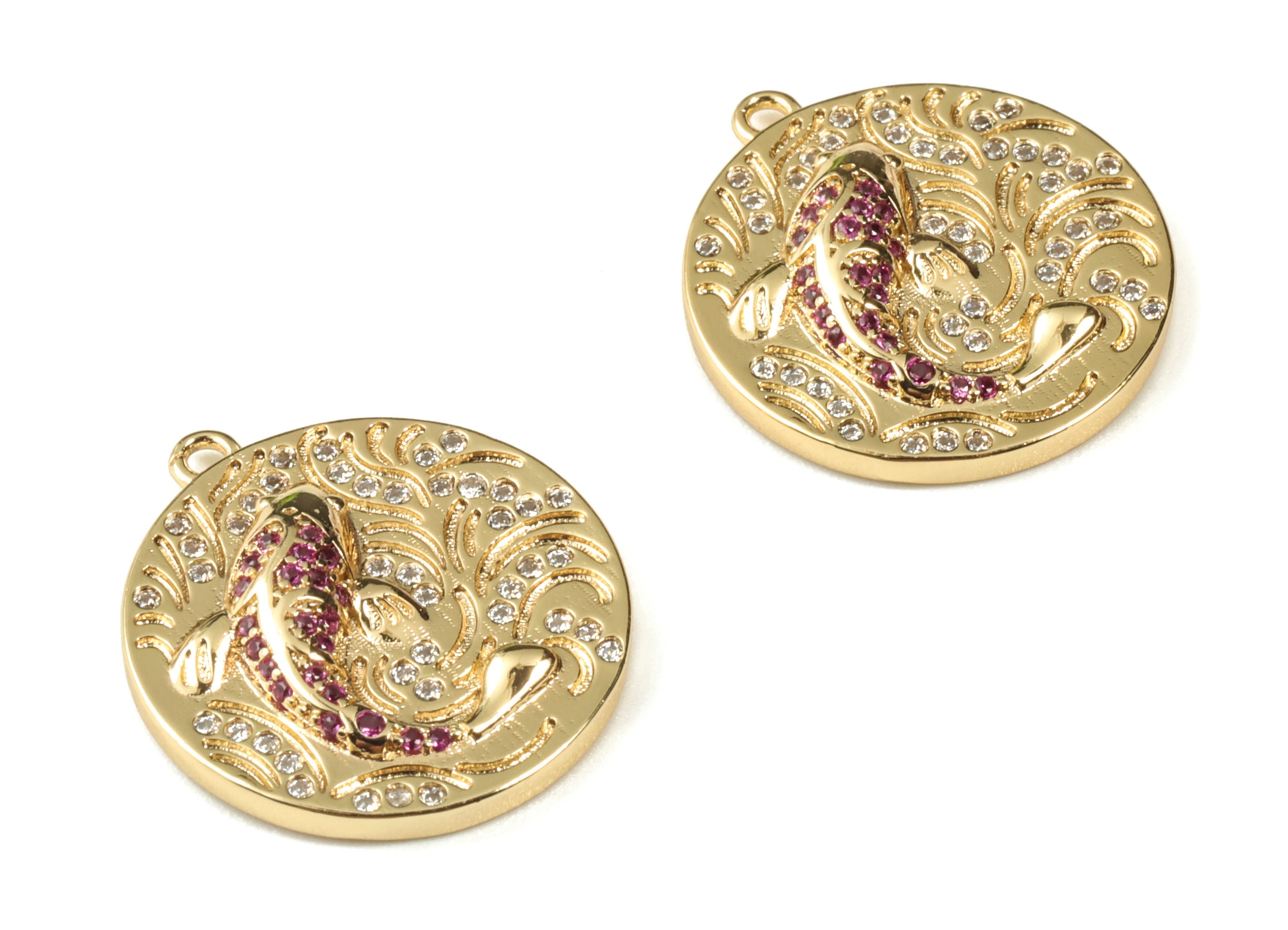 Gold Brass Round Fish Earring Charms - 18K Real Gold Plated Circle Fish Pendant - Jewelry Supplies - 21.27x19.02x3.8mm - RGP2659 - DOMEDBAZAAR