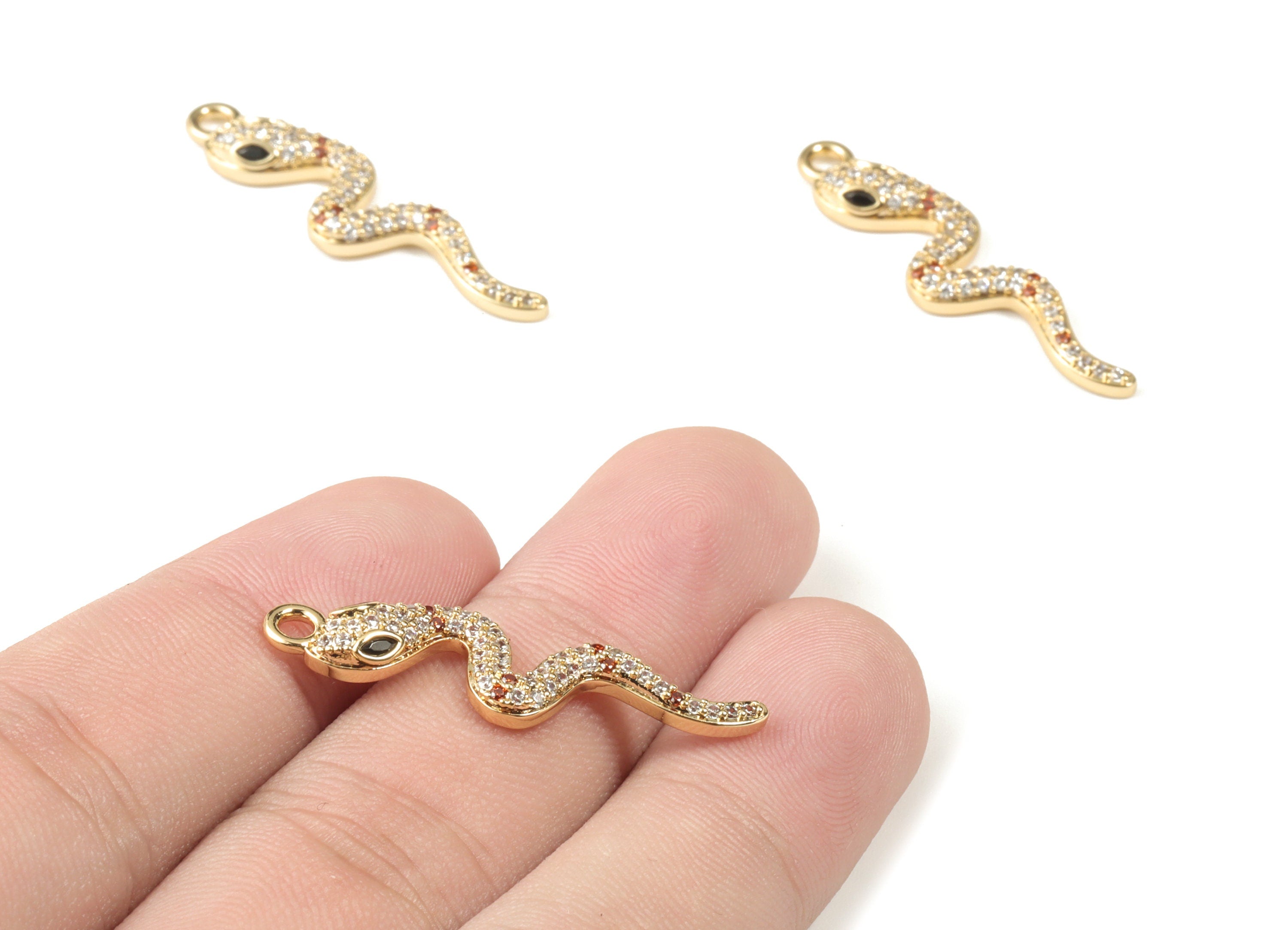 Gold Brass Snake Zircon Pendant - 18K Real Gold Plated Snake Earring Charms - Jewelry Supplies - 35.21x8.82x3.48mm - RGP2663 - DOMEDBAZAAR