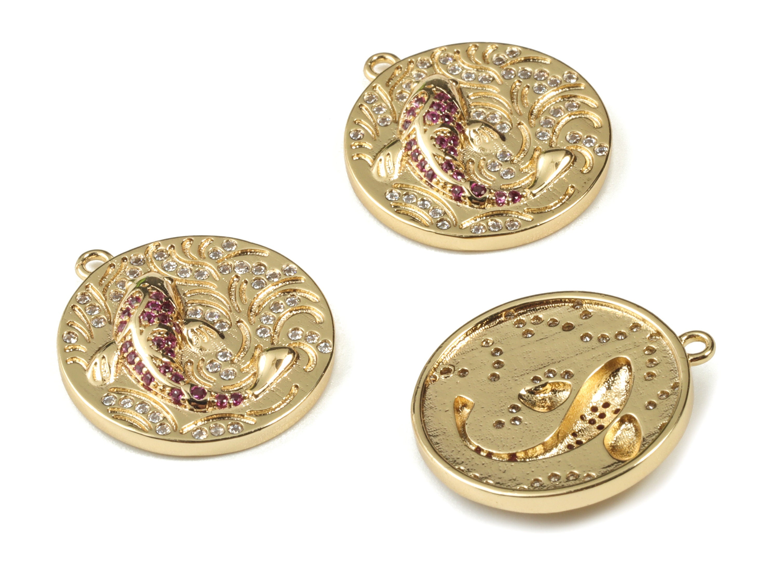 Gold Brass Round Fish Earring Charms - 18K Real Gold Plated Circle Fish Pendant - Jewelry Supplies - 21.27x19.02x3.8mm - RGP2659 - DOMEDBAZAAR