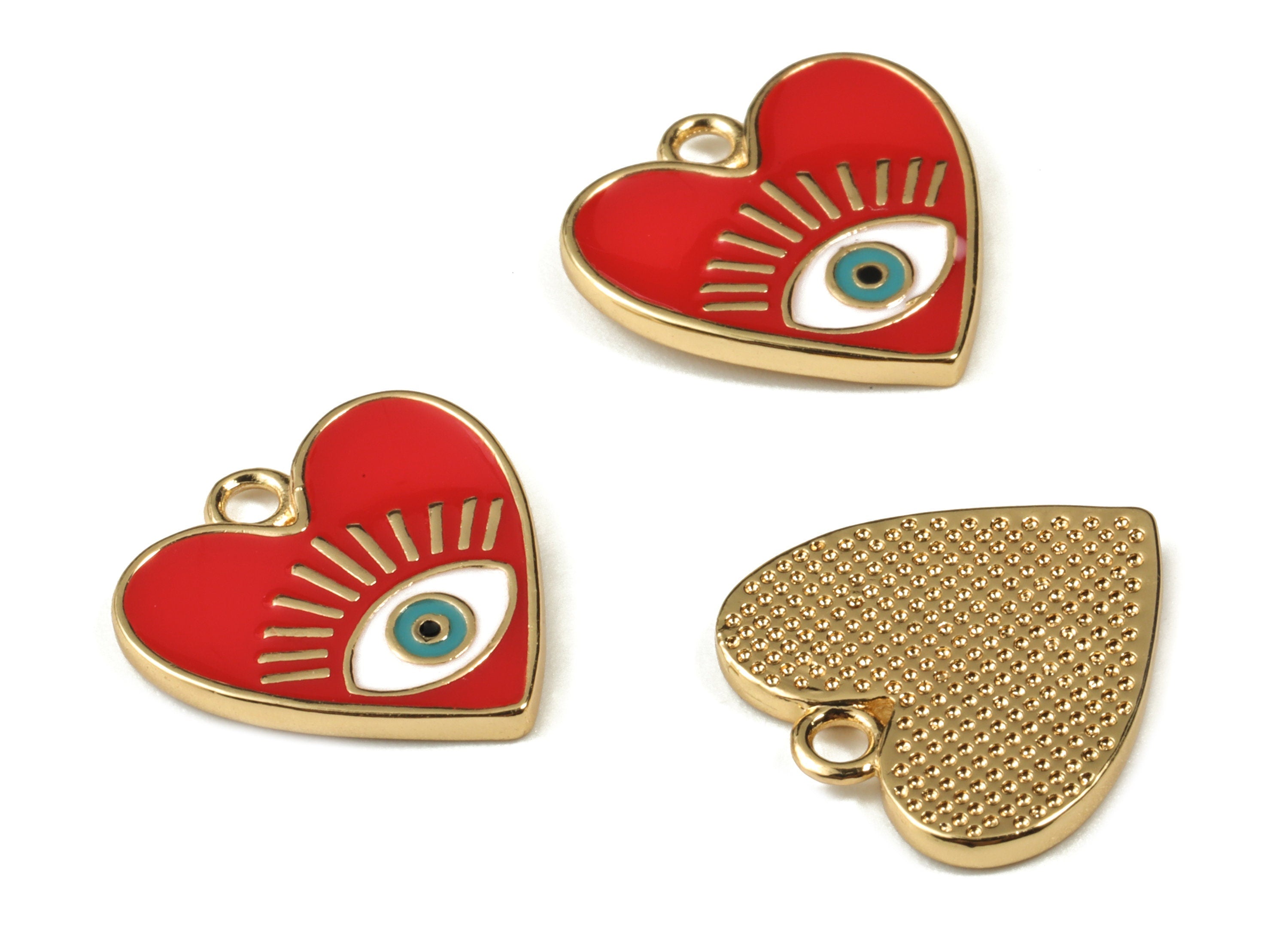Gold Brass Red Heart Enamel  Eye Earring Charms - 18K Real Gold Plated Eye Pendant - Jewelry Supplies - 16.88x16.13x1.64mm - RGP2662 - DOMEDBAZAAR