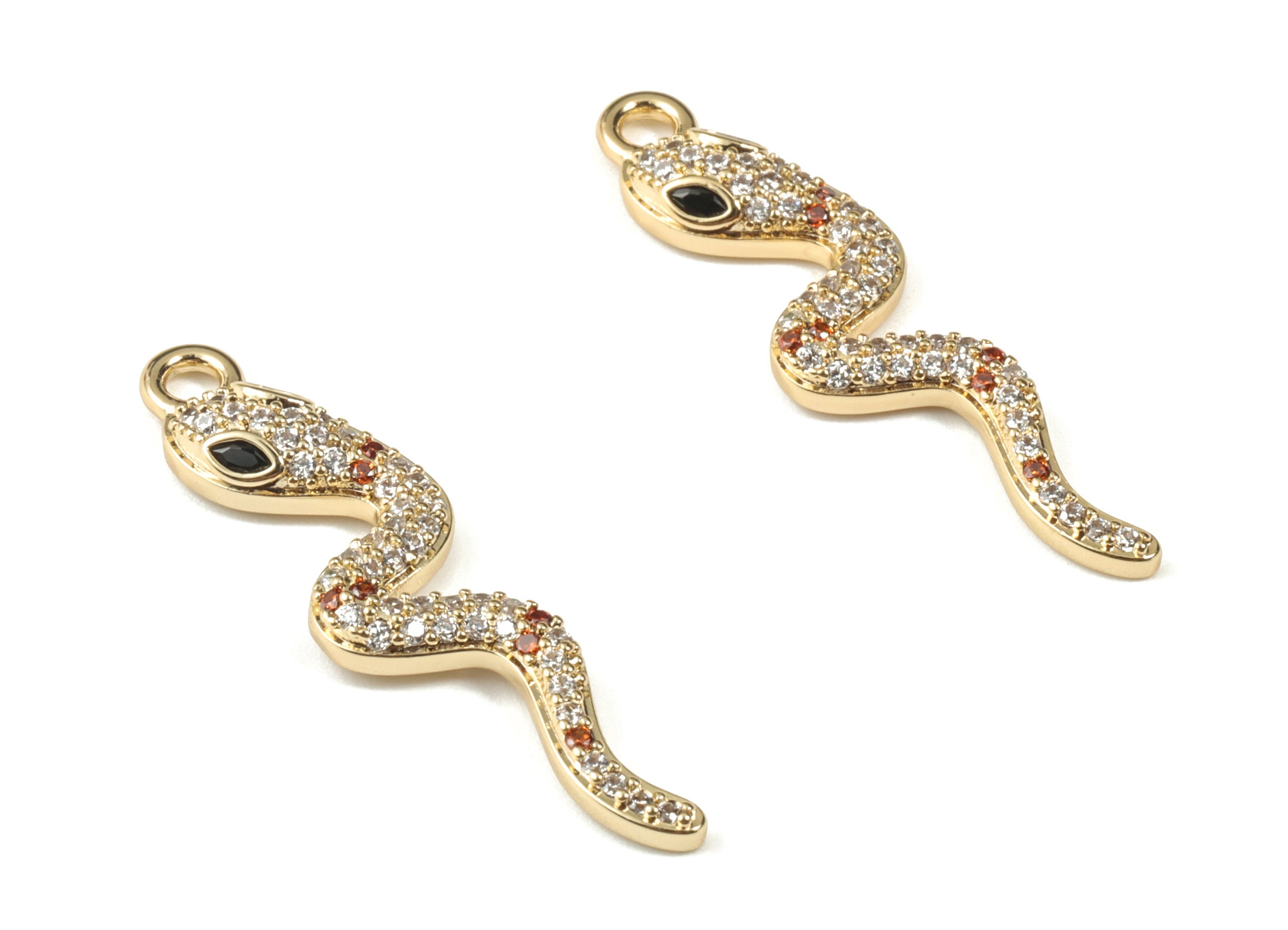 Gold Brass Snake Zircon Pendant - 18K Real Gold Plated Snake Earring Charms - Jewelry Supplies - 35.21x8.82x3.48mm - RGP2663 - DOMEDBAZAAR