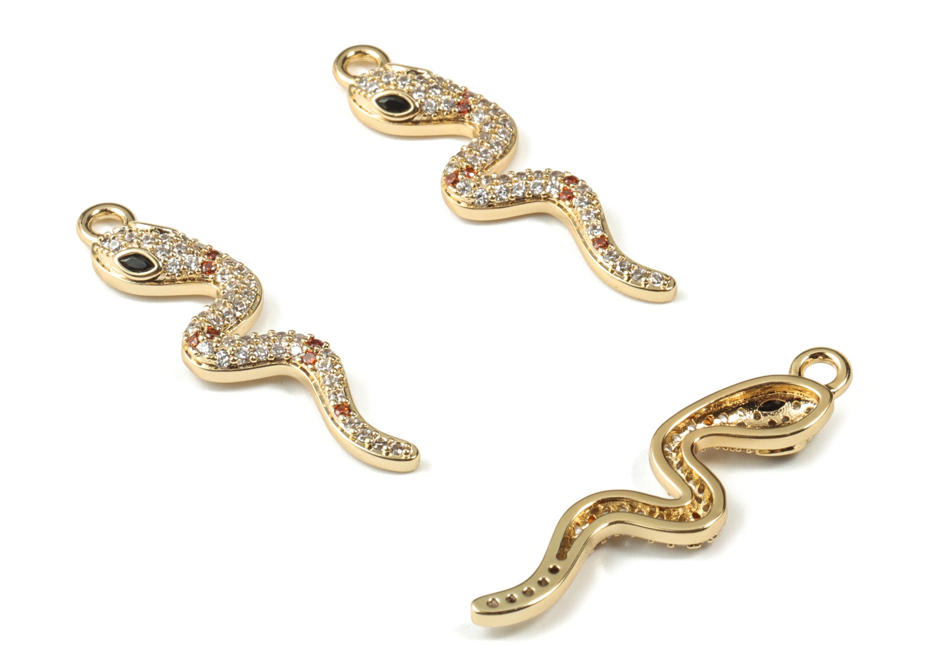 Gold Brass Snake Zircon Pendant - 18K Real Gold Plated Snake Earring Charms - Jewelry Supplies - 35.21x8.82x3.48mm - RGP2663 - DOMEDBAZAAR