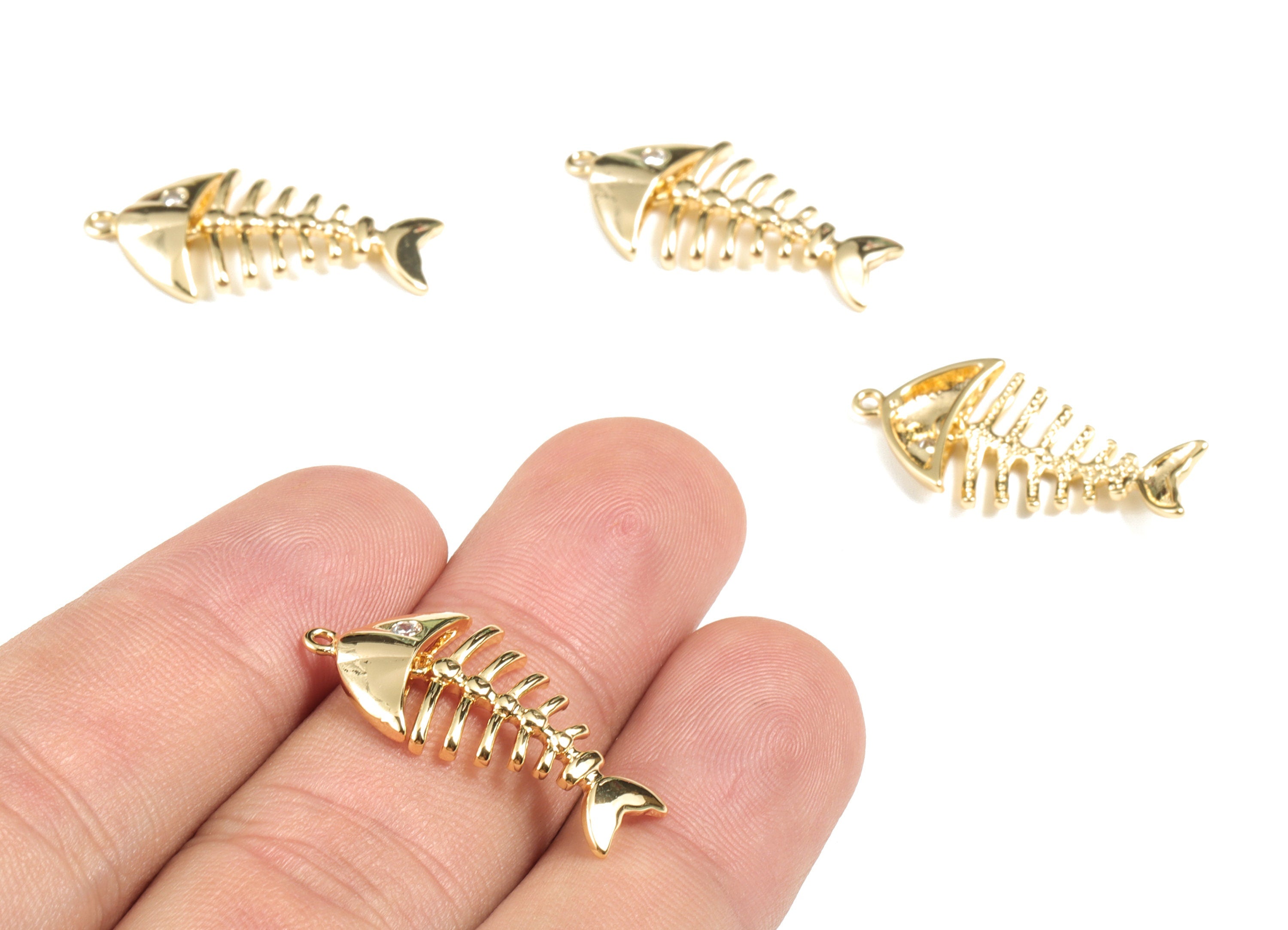 Brass Fish Bone Earring Charms - Gold  Fish Bone Pendant - 18K Real Gold Plated Brass - Jewelry Supplies - 26.64x13.22x2.9mm - RGP2669 - DOMEDBAZAAR