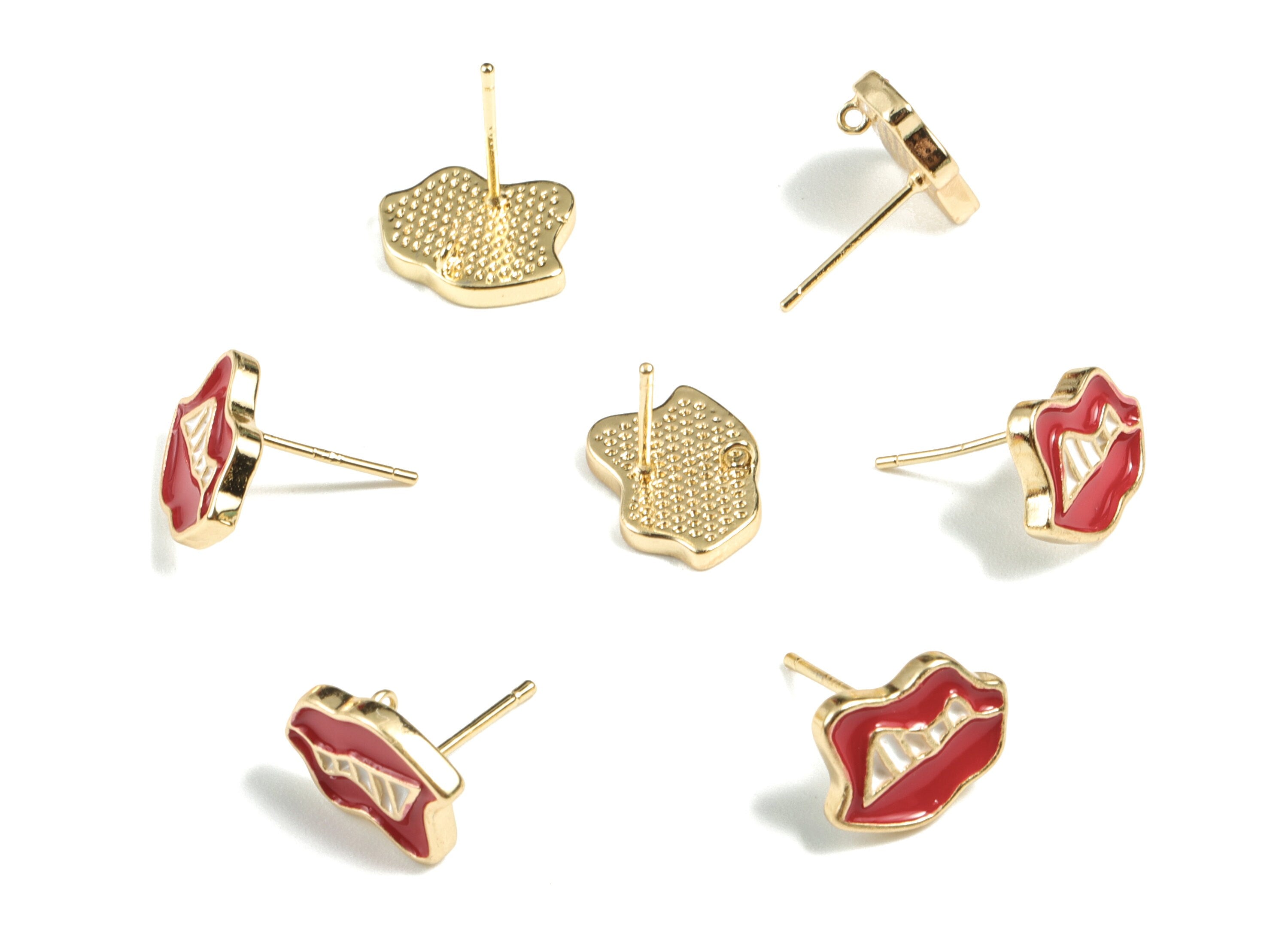 Brass Lip Earring Stud - 18K Real Gold Plated Brass Lip Earring Post - Enamel Red Lip Earring - Jewelry Supplies - 14.2x12x3.74mm - RGP2668 - DOMEDBAZAAR