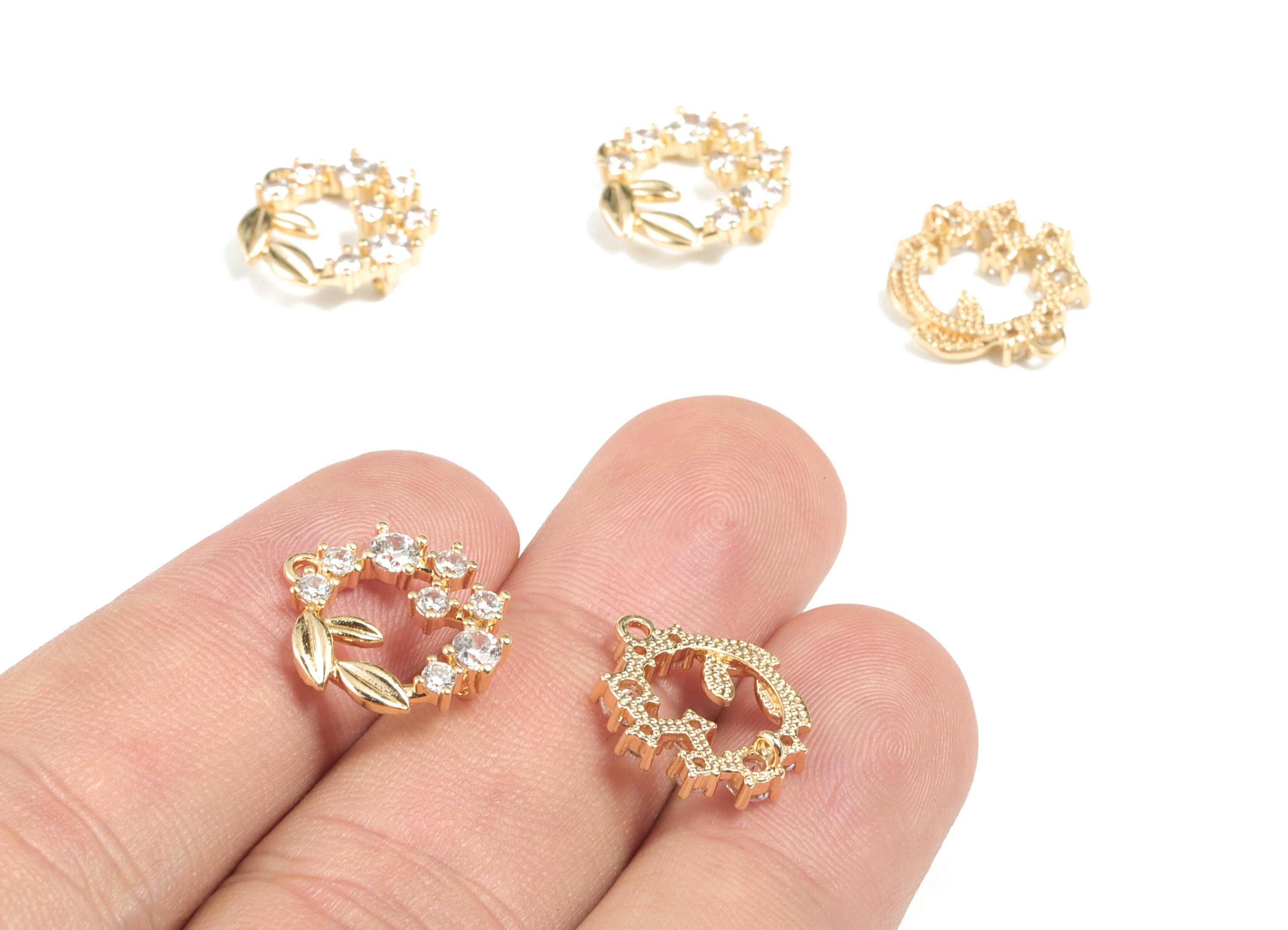 Brass Mini Branch Circle Earring Charms - 18K Real Gold Plated Brass Round Branch Charm With Zircons - 15.41x14.38x4.28mm - RGP2703 - DOMEDBAZAAR