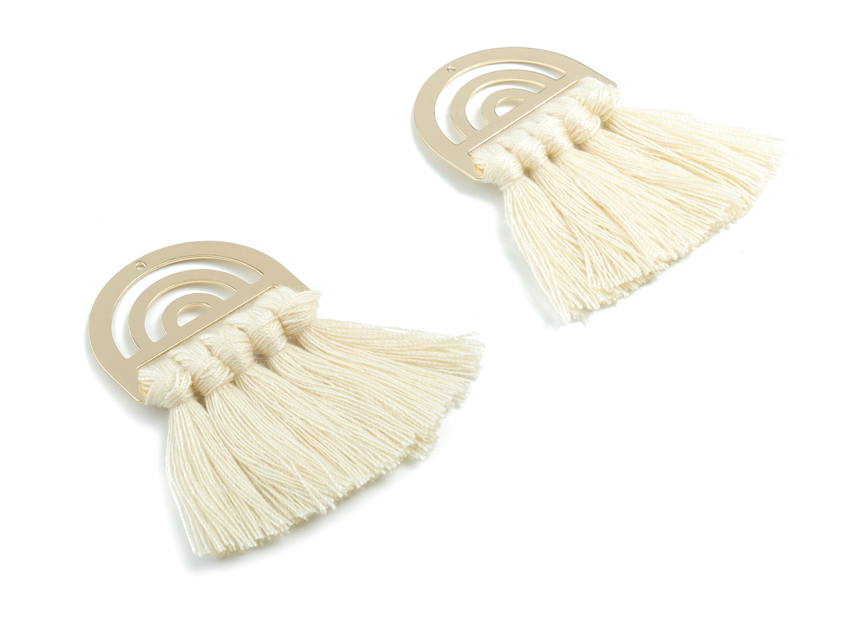 Tassel Earring Charms - Cotton Cream Tassels - D Gold Brass Earrings - Fringe Tassel - JewelrySupplies - 58.46x35.23x4.71mm - TS1154 - DOMEDBAZAAR