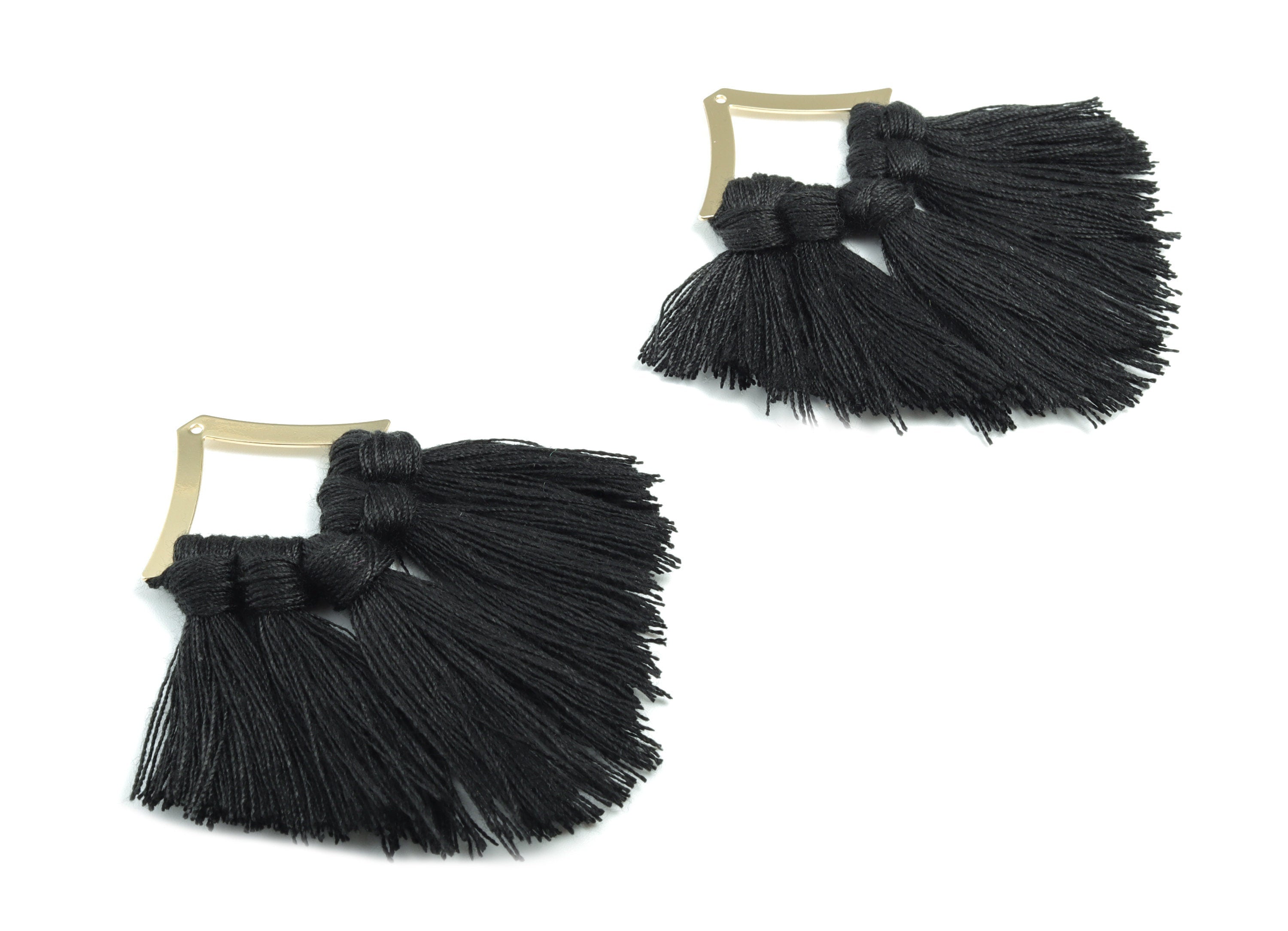 Tassel Earring Charms - Cotton Black Tassels - Rhombus Gold Brass Earrings - Fringe Tassel - JewelrySupplies - 80.57x40.21x5.03mm - TS1165 - DOMEDBAZAAR
