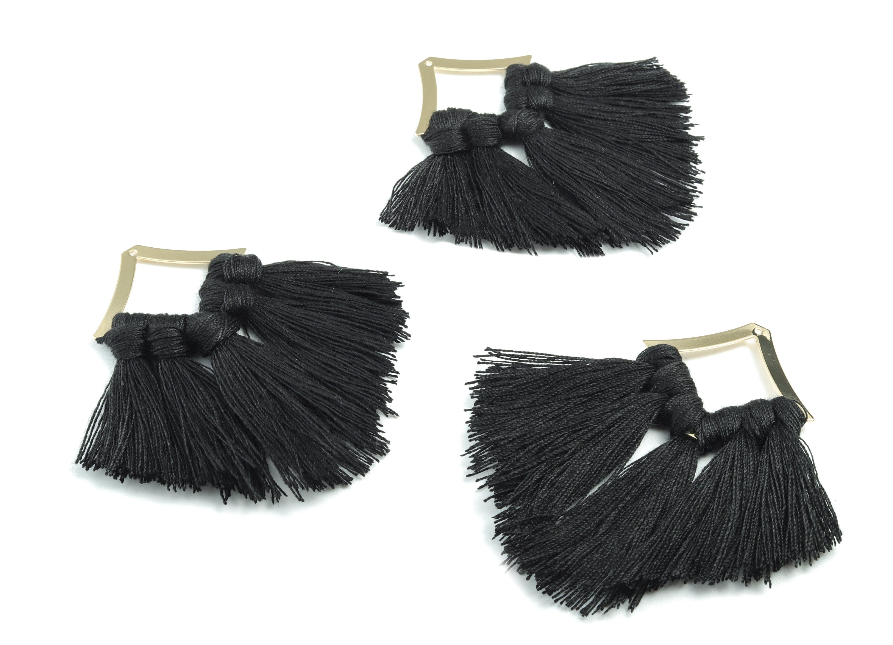 Tassel Earring Charms - Cotton Black Tassels - Rhombus Gold Brass Earrings - Fringe Tassel - JewelrySupplies - 80.57x40.21x5.03mm - TS1165 - DOMEDBAZAAR