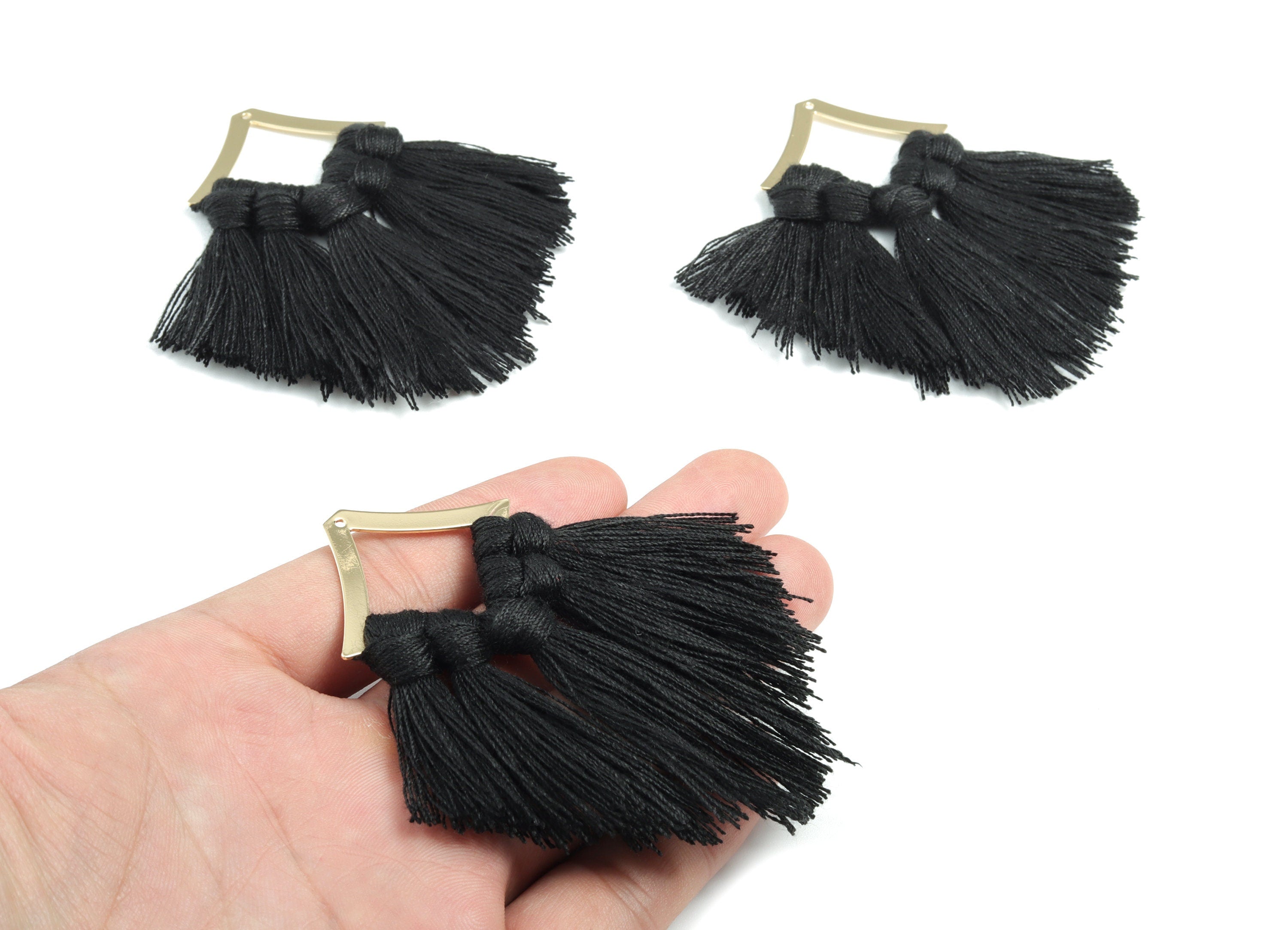 Tassel Earring Charms - Cotton Black Tassels - Rhombus Gold Brass Earrings - Fringe Tassel - JewelrySupplies - 80.57x40.21x5.03mm - TS1165 - DOMEDBAZAAR