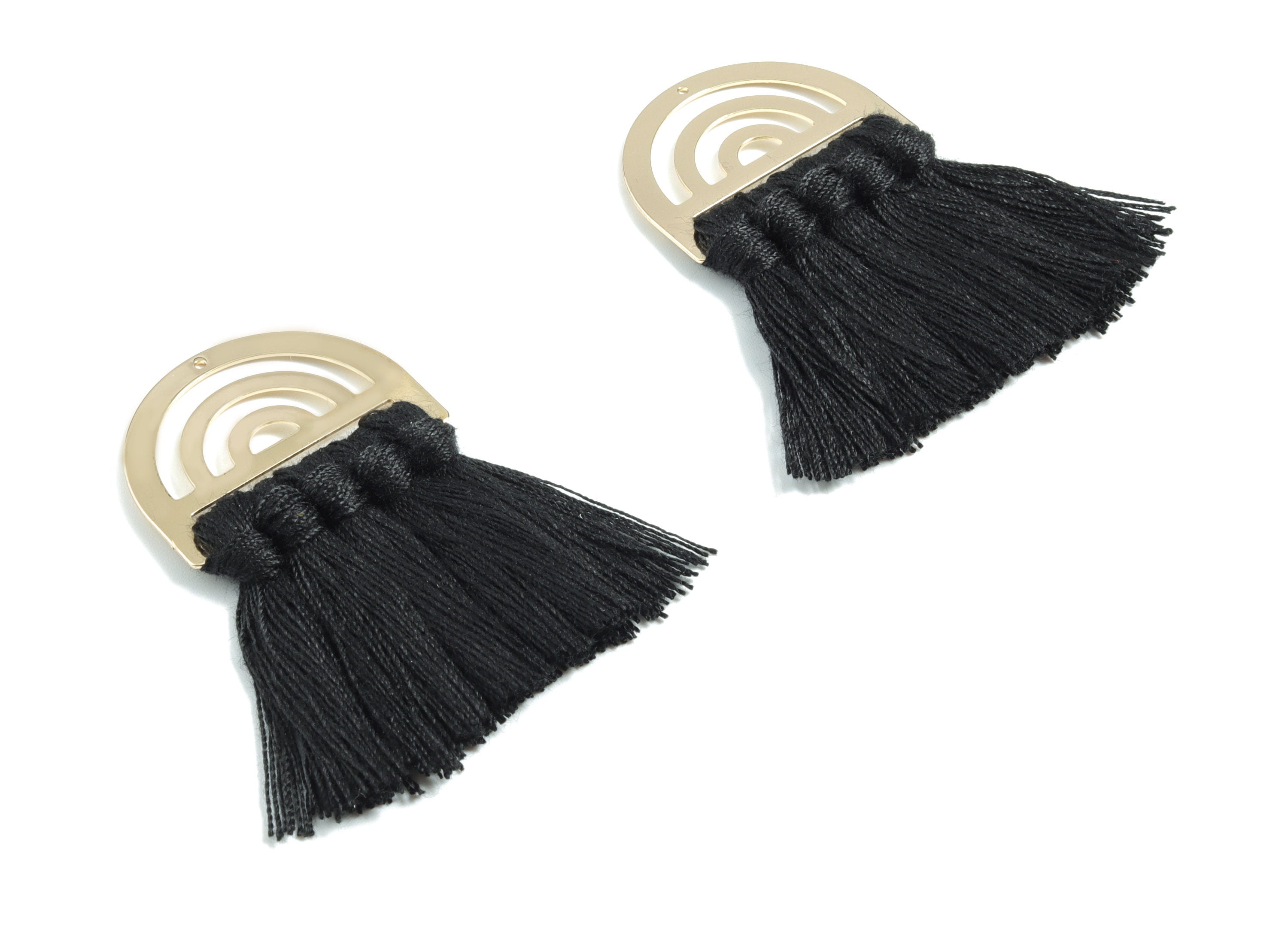 Tassel Earring Charms - Cotton Black Tassels - D Gold Brass Earrings - Fringe Tassel - JewelrySupplies - 60.58x35.24x5.26mm - TS1166 - DOMEDBAZAAR
