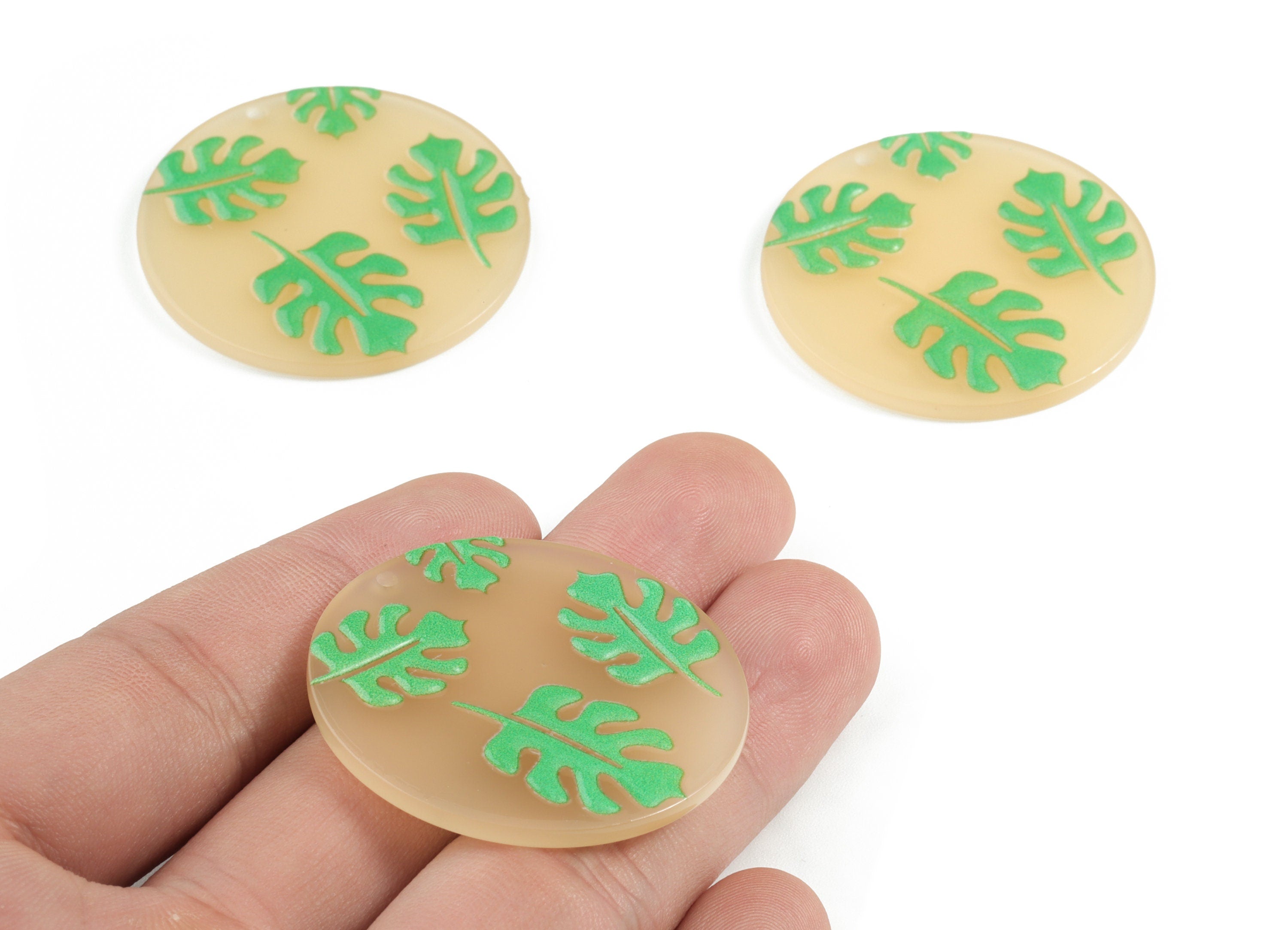 Acrylic Round Monstera Earring Charms - Acrylic Leaf Circle Earrings - Earring Findings - Jewelry Supplies - 38.58x38.53x2.35mm - AC1971A - DOMEDBAZAAR