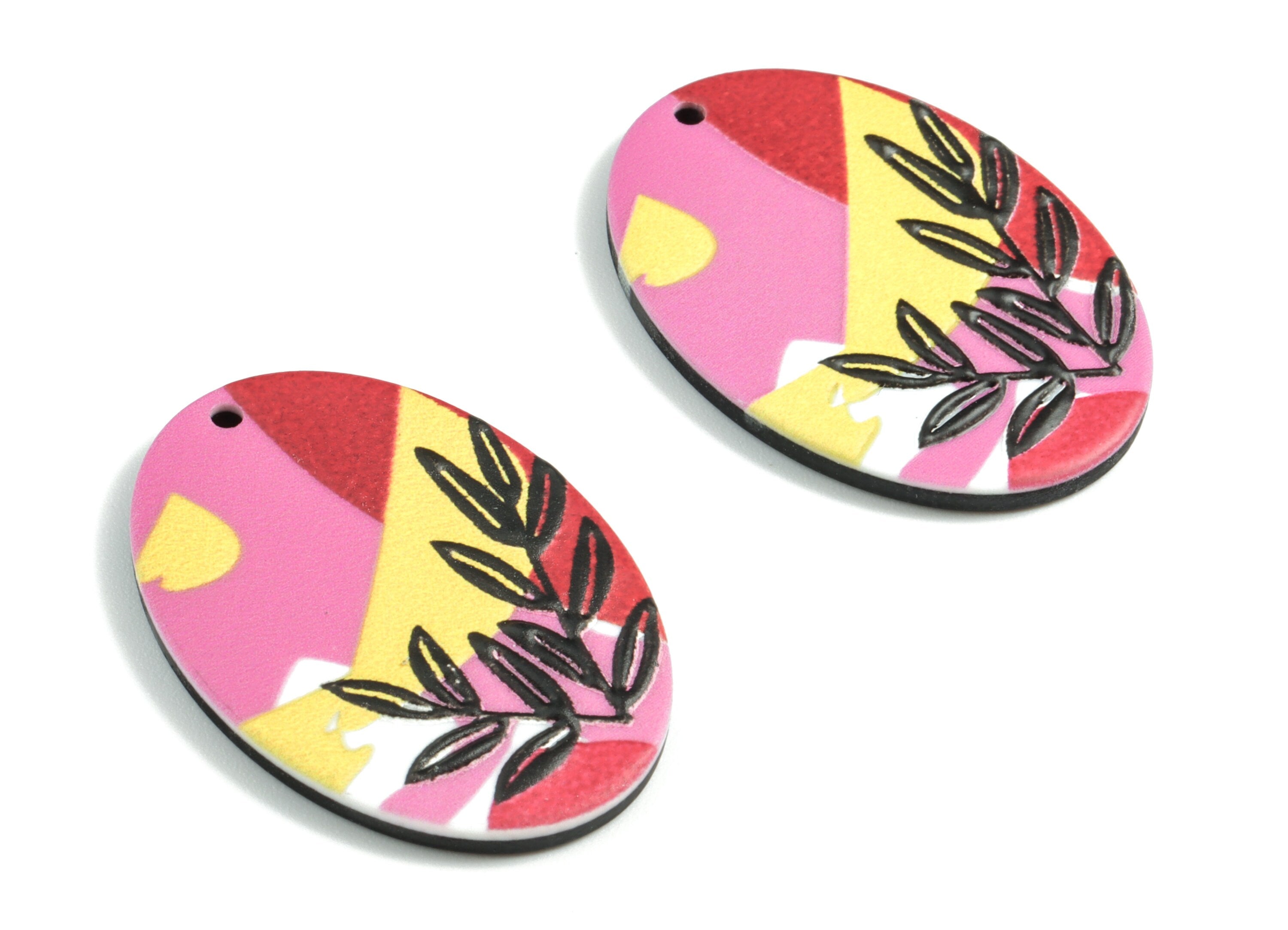 Acrylic Oval Earring Charms - Acrylic Leaf Pattern Oval Charm - Earring Findings - Jewelry Supplies - 24.89x22.56x2.68mm - AC1965A - DOMEDBAZAAR